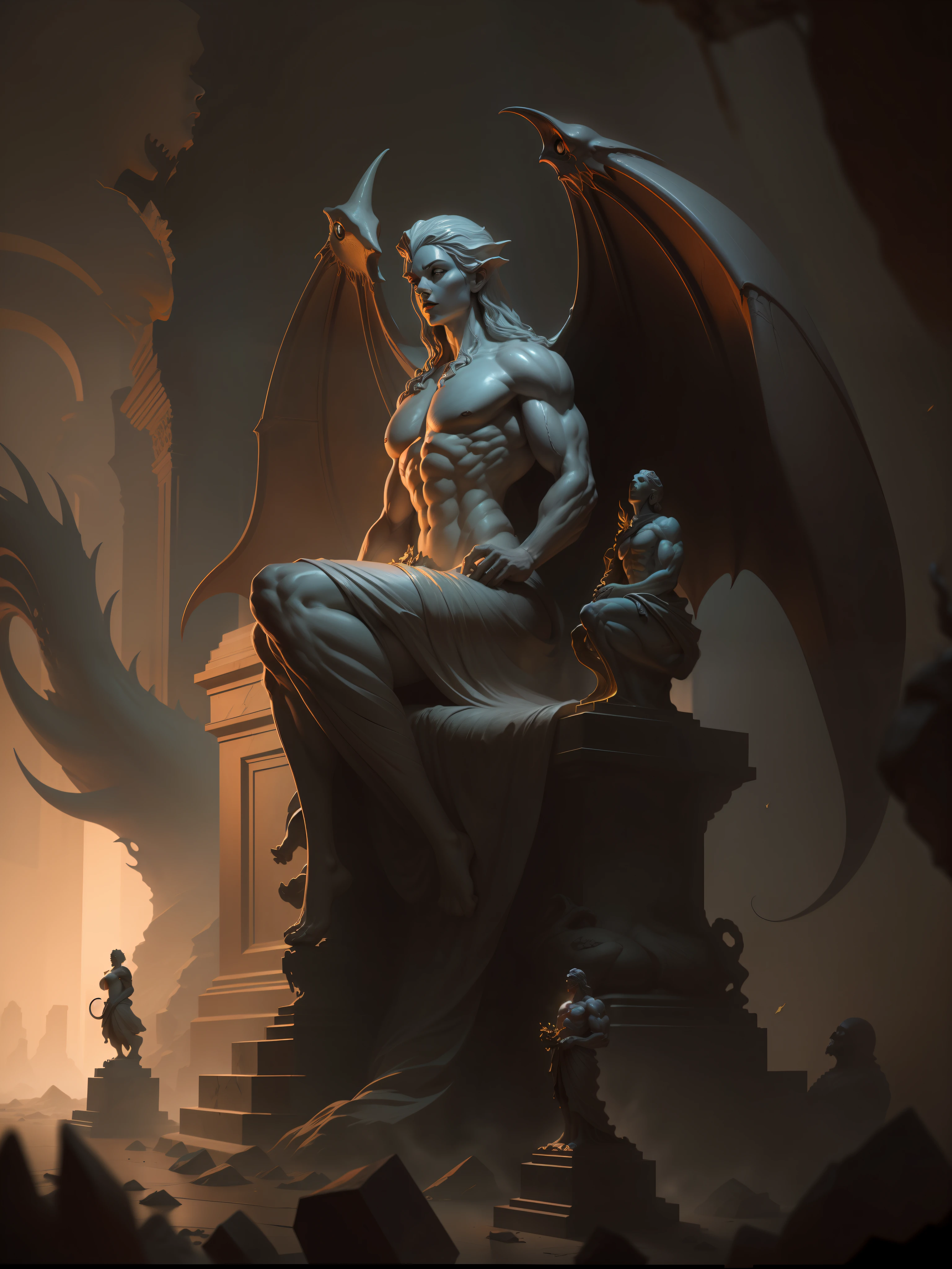 mythological painting style, greg rutkowski, zbrush, epic fantasy scene, oil painting, paranormal realism, digital art, digital painting, artwork, eye level lens, pov, first-person perspective, shiny statue, firelight, cthulhu statue, broken statue, cinematic lighting, high contrast, close up, realistic texture, unreal engine, sunlit statue, broken stone suspended in the air, gold thread, white statue, mystical, mysterious text, head up, low angle camera, Giant shooting, unique perspective, avoid frontal shot, ((white marble statue)), huge female statue, white, white marble, matte marble, tight muscles, muscle contours, muscle lines, no obvious abs, female, female gods
