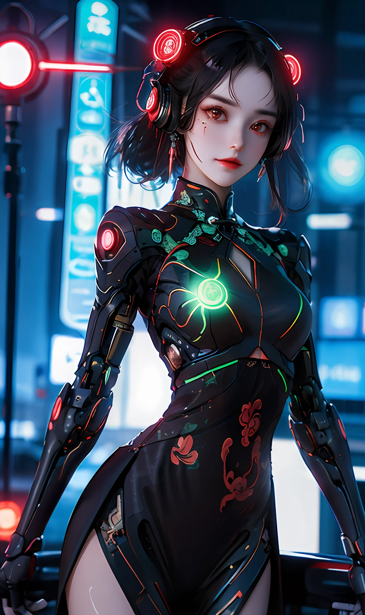 1 girl, Chinese_clothes, liquid black titanium and red, cyberhan, cheongsam, cyberpunk city, dynamic pose, detailed luminous headphones, luminous hair accessories, long hair, luminous earrings, luminous necklace, cyberpunk, high-tech city, full of mechanical and futuristic elements, futuristic, technology, glowing neon, red, red light, transparent black tulle, black ribbon, laser, digital background urban sky, big moon, with vehicles, best quality, masterpiece, 8K, character edge light, Ultra-high detail, high quality, the most beautiful woman in human beings, smiling slightly, face facing front and left and right symmetry, ear decoration, beautiful pupils, light effects, visual data, dark black hair, ultra-detailed facial texture, bright leather red gloves, elevation shooting, surreal light and shadow, complex brush strokes, complex lines