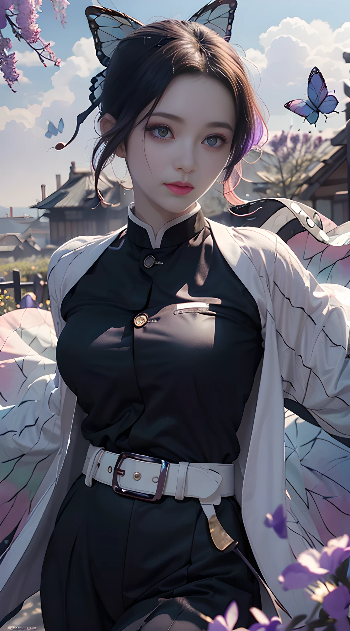 Ultra-realistic 8k CG, masterpiece, close-up, (dynamic pose: 1.3), beauty, goddess, from the front, from the front, face sticking out, (super detailed background, delicate patterns, intricate details)), high quality, highly detailed face, highly detailed eyes and face, highly detailed eyes, kocho shinobi, multicolored hair, no bangs, hair intake, purple eyes, forehead, black shirt, black pants, (haori, Butterfly: 1.3, button, belt), (garden: 1.2), purple flowers, red cliffs, cloudy sky, sunlight, tyndall effect, gradient_sky, face, gorgeous sky, waist sword,