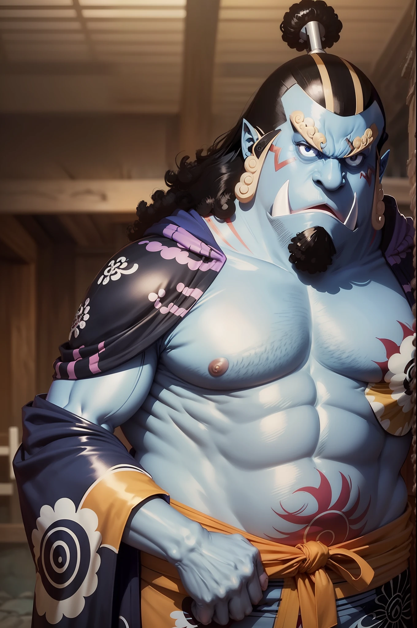 (1boy), a man with a muscular build, standing confidently in a vibrant yukata, jinbei_oyabun. He has blue skin and a unique fang, fat belly, big body, The closeup shot highlights his expressive and fierce facial features.