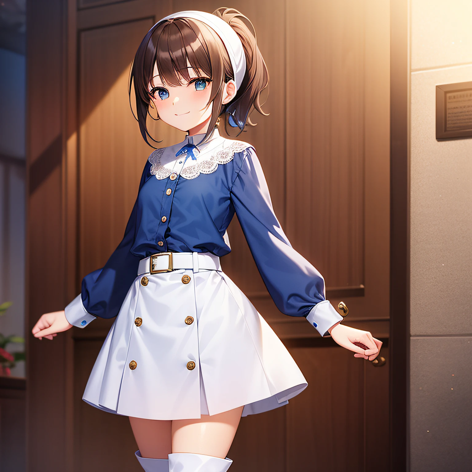 top quality, very delicate and beautiful, girl, 11 years old, alone, (dark brown hair), blue clothes with vertical buttons, belt at the waist, white skirt, (ponytail)), (white hair band), (brown boots), blue eyes, standing, smile,