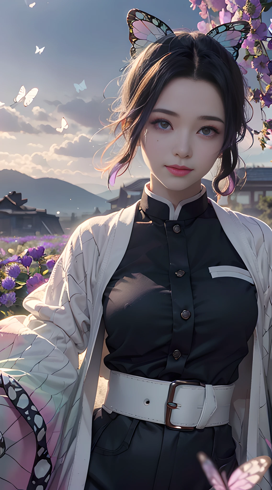 Ultra-realistic 8k CG, masterpiece, close-up, (dynamic pose: 1.3), beauty, goddess, from the front, from the front, face sticking out, (super detailed background, delicate patterns, intricate details)), high quality, highly detailed face, highly detailed eyes and face, highly detailed eyes, kocho shinobi, multicolored hair, no bangs, hair intake, purple eyes, forehead, black shirt, black pants, (haori, Butterfly: 1.3, button, belt), (garden: 1.2), purple flowers, red cliffs, cloudy sky, sunlight, tyndall effect, gradient_sky, face, gorgeous sky, waist sword,