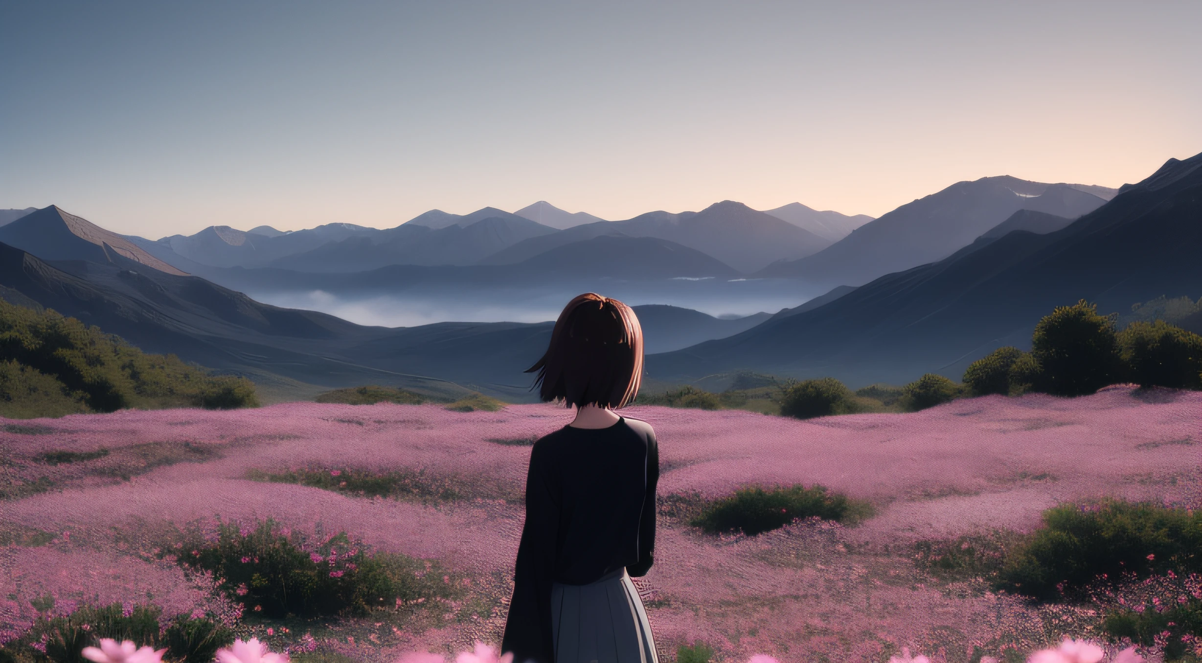 Very detailed and accurate anime-style illustrations, very cute young woman, wearing brown short hair, perfectly round gray eyes, a light gray shirt and a long gray skirt. The surrounding area is a lot of pink flowers blooming on the plateau in the early morning, and the background is dark mountains before dawn, fantastic dark sky, dramatic backlighting, Makoto Shinkai anime style.