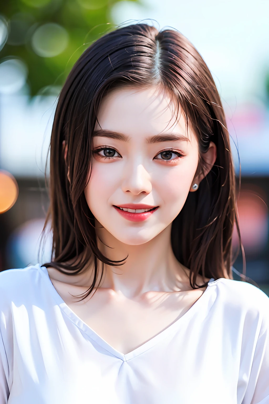 extremely detailed eyes, extremely detailed face, best quality ,masterpiece, extremely detailed, ultra-detailed, (realistic, photo-realistic:1.3), smile, (facing front), looking at viewer, white shirt, sunny day, outdoor, 1girl upperbody
