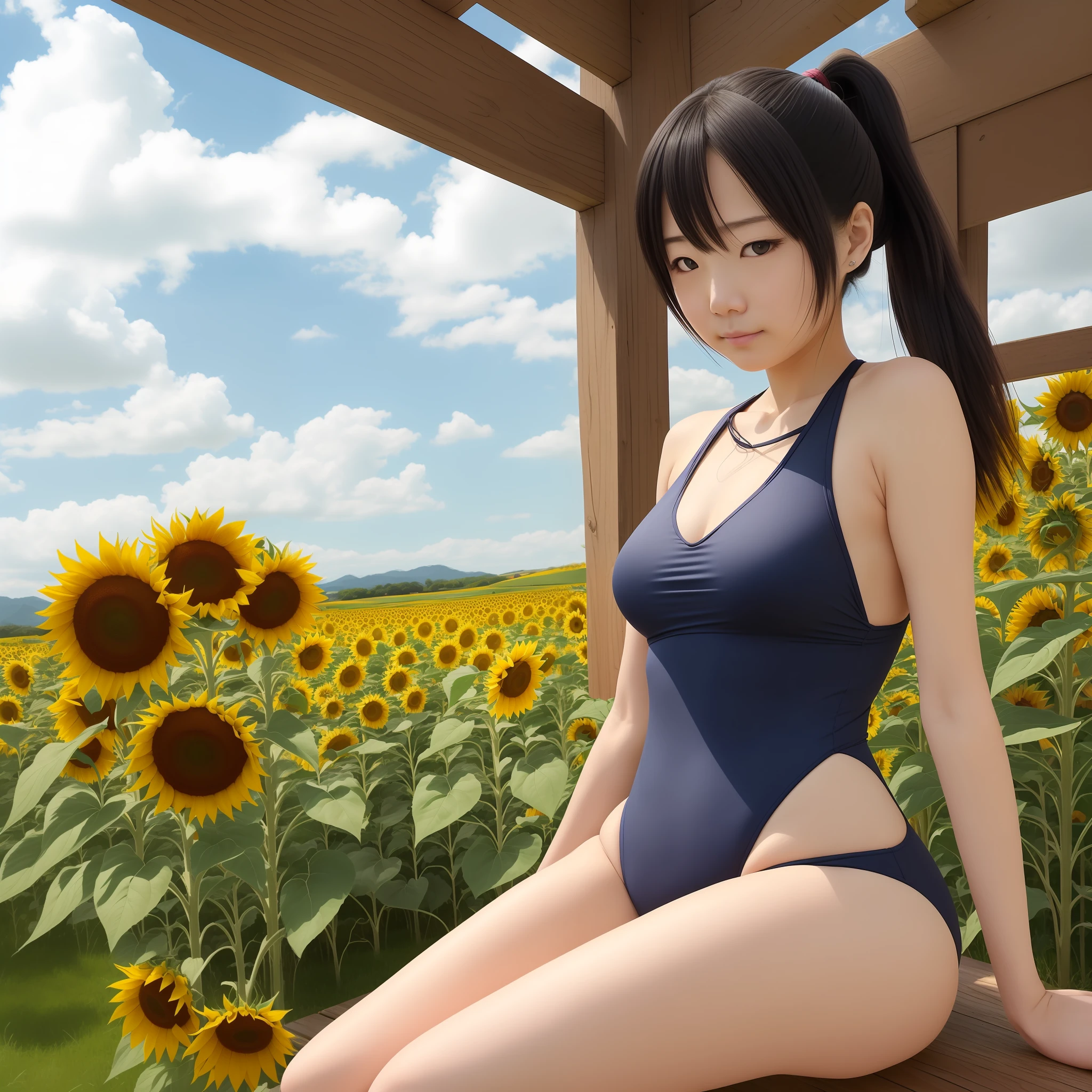 One naïve 1 , Japan college girl, sitting with M-shaped legs spread,
wearing a navy blue one-piece swimsuit,
Footwear is sandals,
1 (Akiko Takase, Kazue Kato, , Aya Takano, Etsuko Miura, Chinko, Tsugumi Oba, Chiho, Rinko Kawaichi, Takeyuki Kanda),
Body shape is 158 cm tall, weight 53 kg, bust 83 cm (D cup), waist 61 cm, hips 86 cm,
hair is shoulder-length black hair ((ponytail), (damp with sweat)), bangs,
sweaty skin , whole body,
The scene is surrounded by strong summer sunlight, sunflower fields in full bloom, and sunflowers.