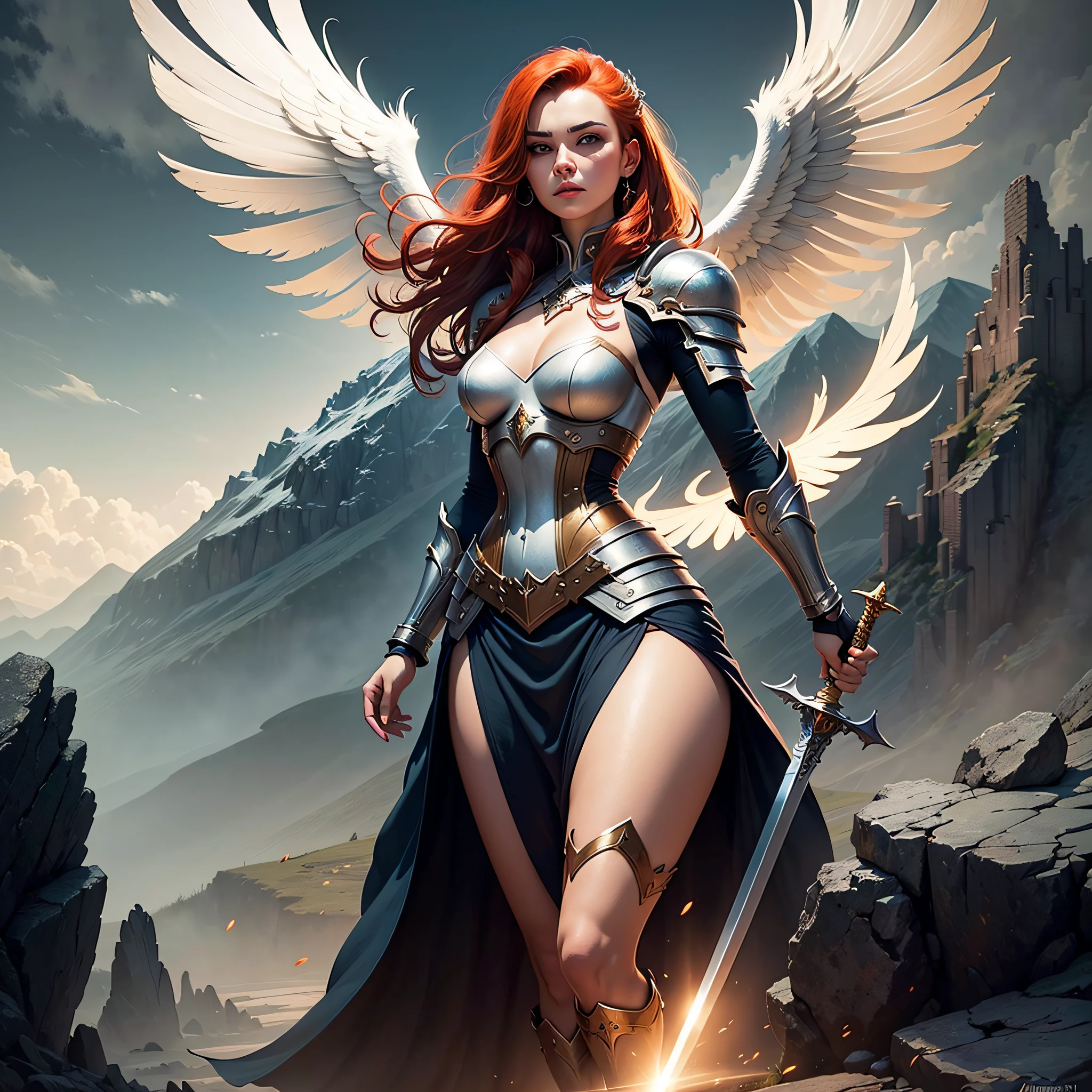 a woman with a sword and wings standing in front of a mountain, angel knight girl, as a mystical valkyrie, artgerm , epic fantasy character art, high quality fantasy art, epic fantasy digital art style, fantasy character art, female redhead templar, fantasy paladin woman, fantasy card game art, extremely detailed artgerm --auto