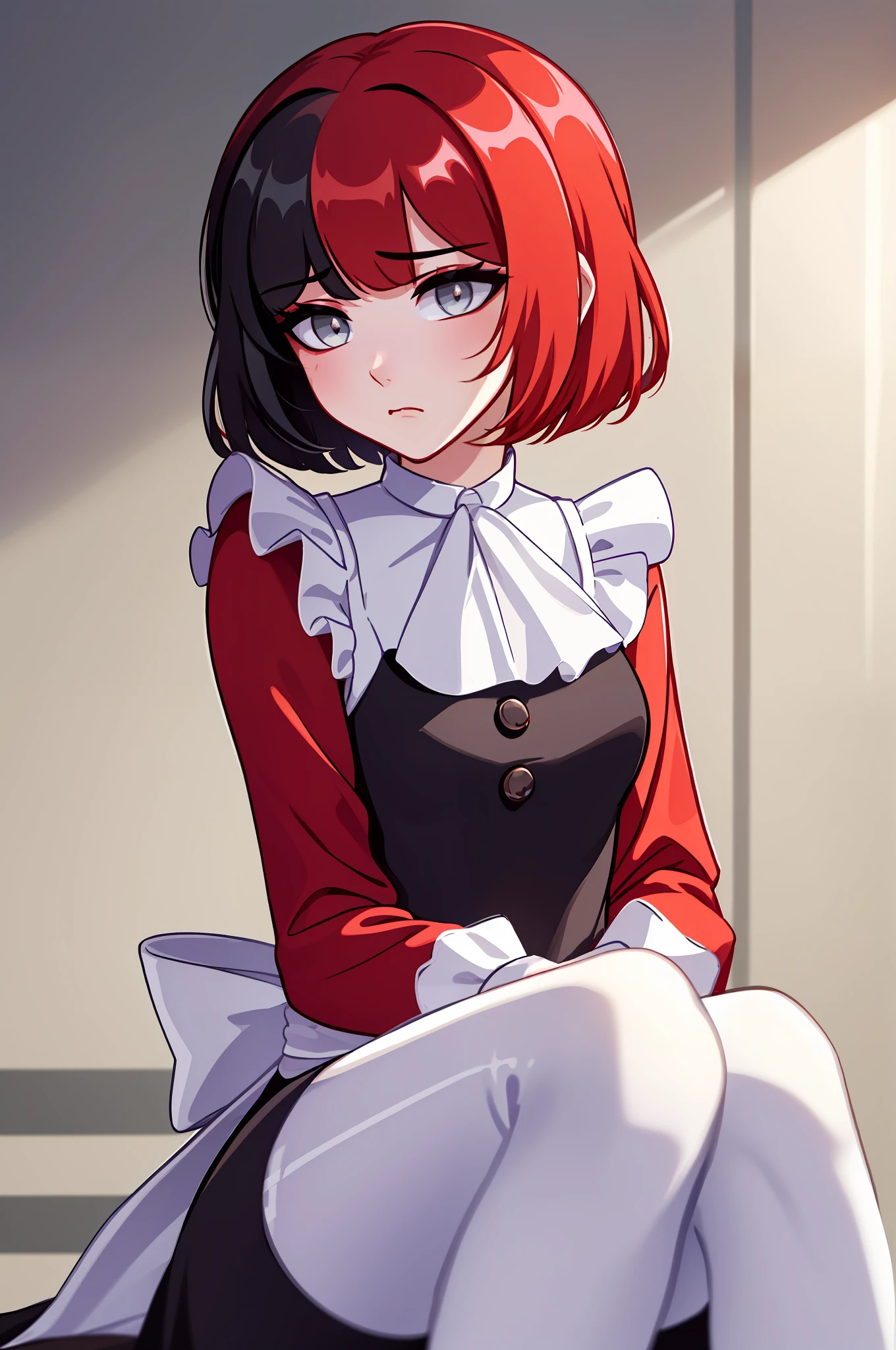((masterpiece, Best Quality))), solo, 1girl, ((red hair, black hair, multicolored hair)), short hair, white tights, sitting, close-up, photorealism, photorealism, surprised, puzzled, sad, maid costume, very long sleeves, hands under sleeves, hands folded together, ribbon in hair, white ribbon in hair