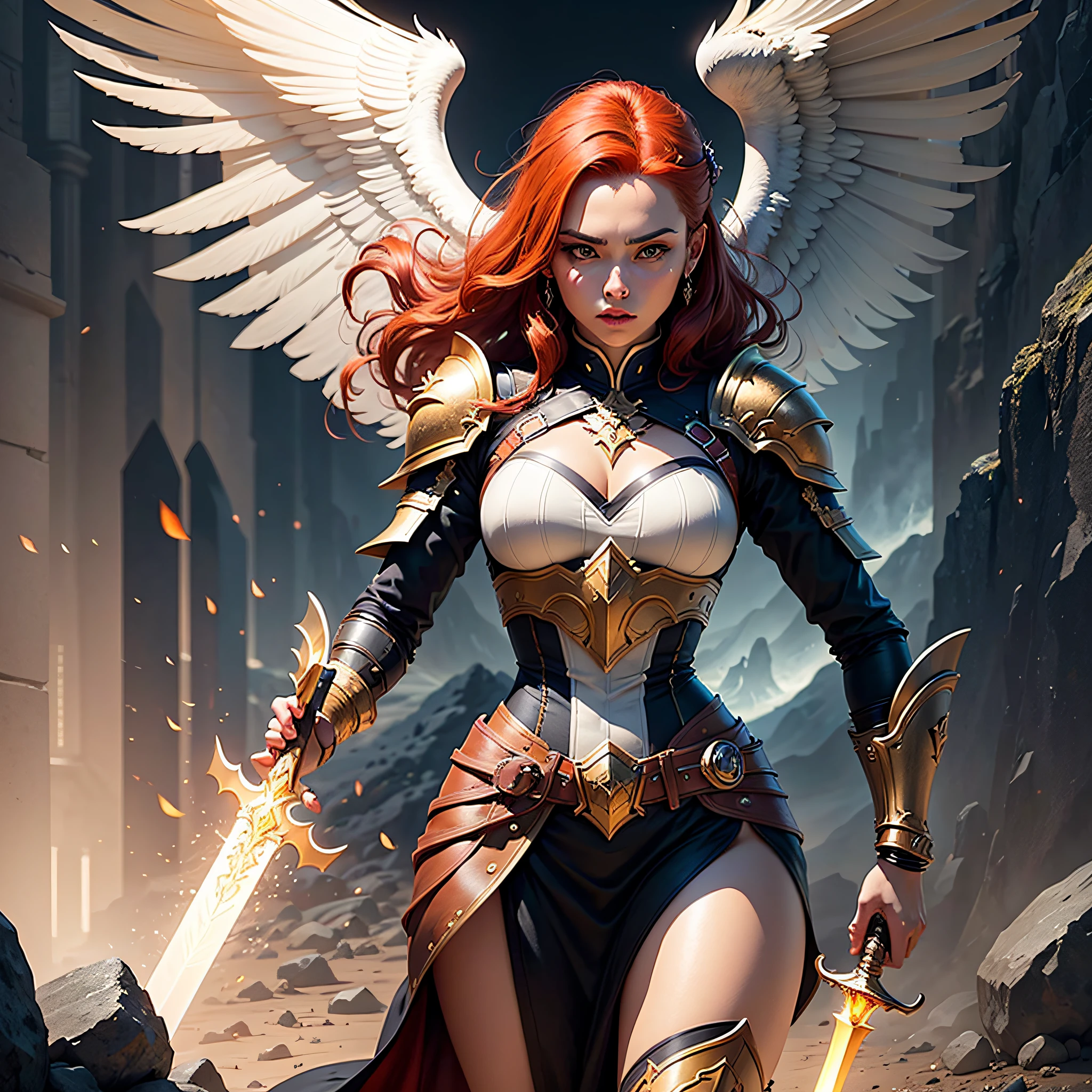 a woman with a sword and wings standing in front of a mountain, angel knight girl, as a mystical valkyrie, artgerm , epic fantasy character art, high quality fantasy art, epic fantasy digital art style, fantasy character art, female redhead templar, fantasy paladin woman, fantasy card game art, extremely detailed artgerm --auto