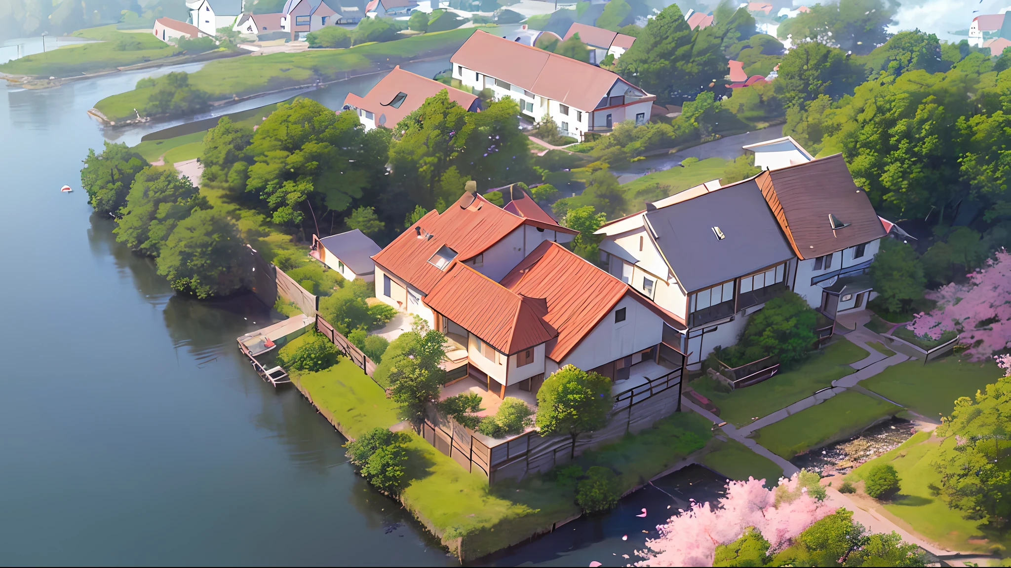 (masterpiece:1,2), best quality, masterpiece, highres, original, extremely detailed wallpaper, (Cherry Blossom Forest: 1.5), (Cottage: 1.1), (Green Terraced Fields: 1.1), (Path: 1.25), Spring, cherry blossoms falling, (Clouds: 1.0), (Lake: 1.0), (Extremely detailed CG: 1.2), (8k: 1.1), Aerial view