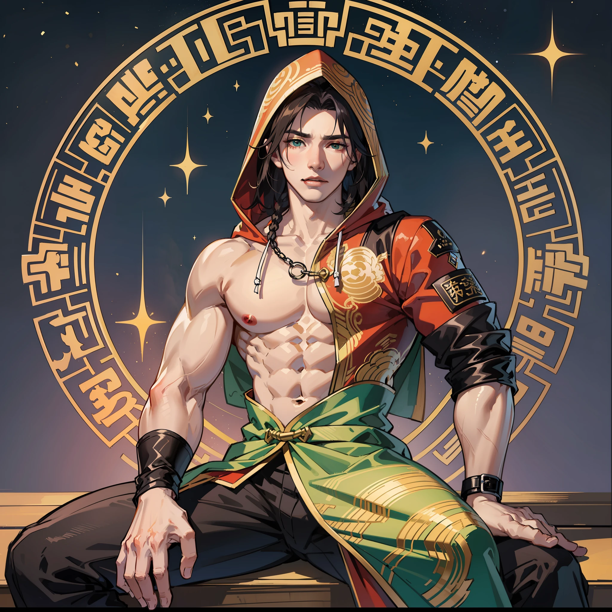 muscular boy, masculine features, wild, masculine, valiant, handsome, rugged, hoodie, traditional Chinese costume, fusion of ancient Chinese and modern, king of rappers, pectoral muscles, abs, cool atmosphere, sitting, solid posture, fashionista, stylish, colorful, individual, Cantonese, singing, dancing, sky with stars shining like dreams, quiet night book, Starry sky blooming brightly, whispering dream and confusion border, Cantonese pride, emerald green