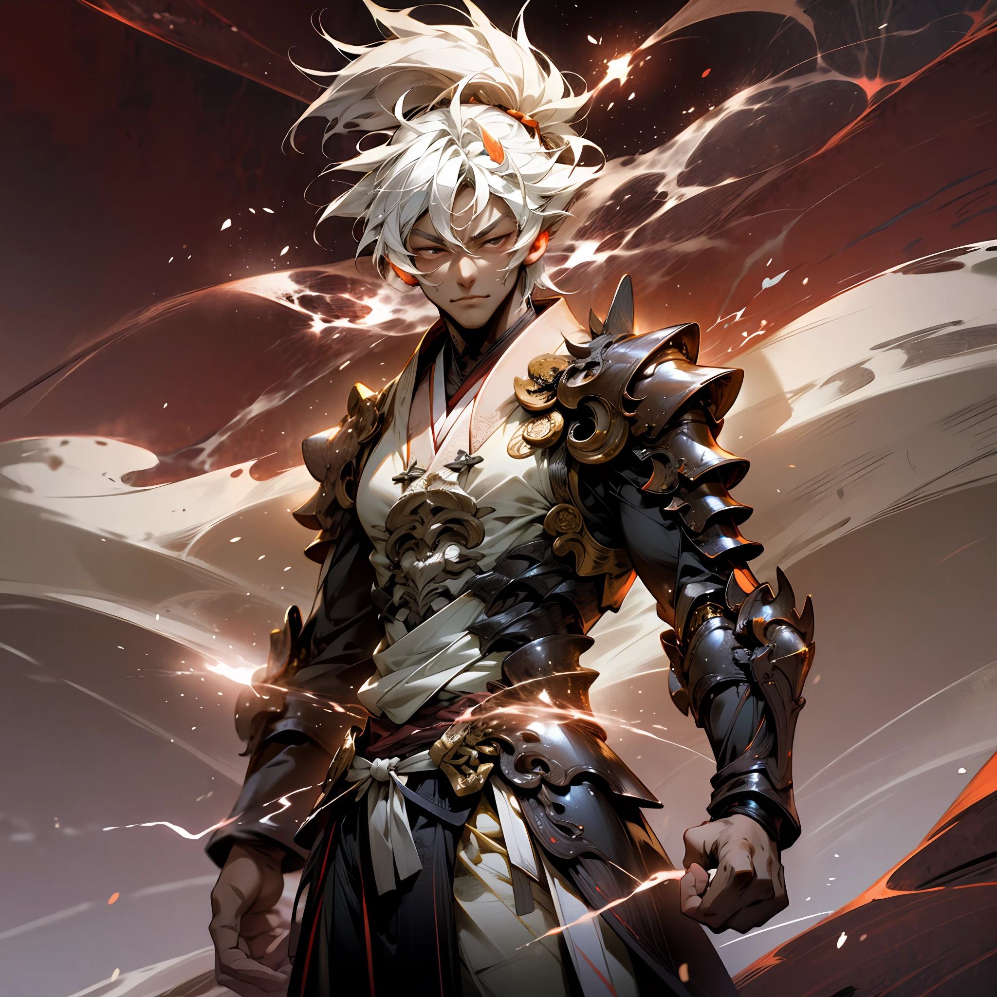 Nichimanga style, Zen ZEN, 1 man, delicate face, wearing armor, surrounded by Chinese characters, with lightning bolts on his body, a divine dragon behind his back, perfect hands, normal fingers, zen