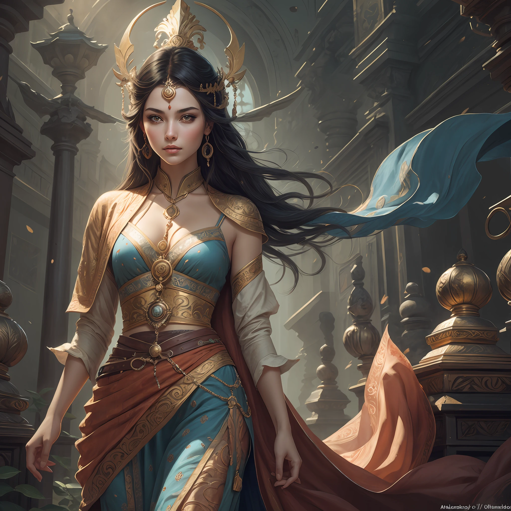 close up of an Indian warrior woman deity with black hair and a red mask, golden ornaments, silver trinkets,blood spatter,beautiful character,dark cyan tunic, yellow tunic, elegance, mystique, knowledge, dignified stance, intricate patterns, nature motifs, celestial motifs, deep contemplation, majestic cape, luxurious fabrics, swirling patterns, magical atmosphere, harmonious color palette, enchantment, wisdom. Tetradic, warm colors, best quality, masterpiece, high resolution, photorealistic, intricate, rich background painting,Andrew Atroshenko, artwork in the style of Andrew Atroshenko, black haired deity, byAlexandr Averin , epic exquisite character art, stunning character art, by Jules Bastien-Lepage,on pixiv artstation --auto