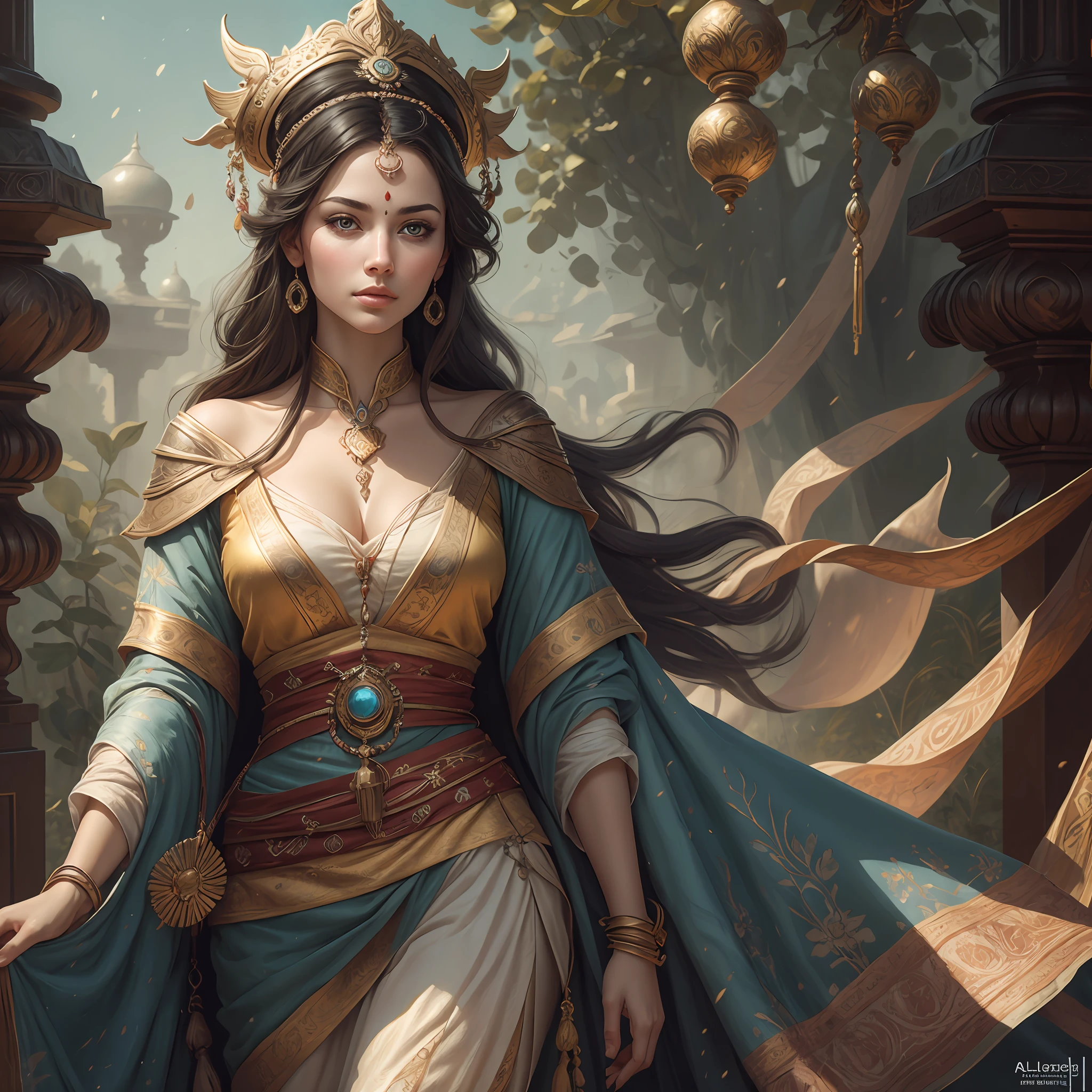 close up of an Indian warrior woman deity with black hair and a red mask, golden ornaments, silver trinkets,blood spatter,beautiful character,dark cyan tunic, yellow tunic, elegance, mystique, knowledge, dignified stance, intricate patterns, nature motifs, celestial motifs, deep contemplation, majestic cape, luxurious fabrics, swirling patterns, magical atmosphere, harmonious color palette, enchantment, wisdom. Tetradic, warm colors, best quality, masterpiece, high resolution, photorealistic, intricate, rich background painting,Andrew Atroshenko, artwork in the style of Andrew Atroshenko, black haired deity, byAlexandr Averin , epic exquisite character art, stunning character art, by Jules Bastien-Lepage,on pixiv artstation --auto
