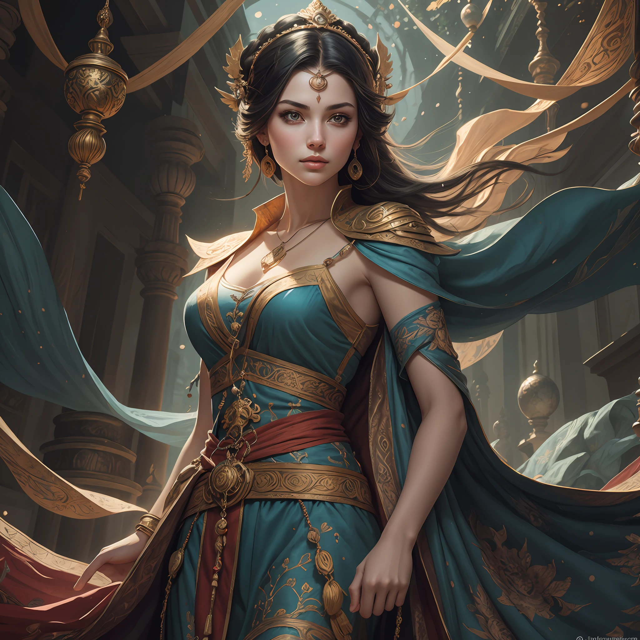 close up of an Indian warrior woman deity with black hair and a red mask, golden ornaments, silver trinkets,blood spatter,beautiful character,dark cyan tunic, yellow tunic, elegance, mystique, knowledge, dignified stance, intricate patterns, nature motifs, celestial motifs, deep contemplation, majestic cape, luxurious fabrics, swirling patterns, magical atmosphere, harmonious color palette, enchantment, wisdom. Tetradic, warm colors, best quality, masterpiece, high resolution, photorealistic, intricate, rich background painting,Andrew Atroshenko, artwork in the style of Andrew Atroshenko, black haired deity, byAlexandr Averin , epic exquisite character art, stunning character art, by Jules Bastien-Lepage,on pixiv artstation --auto