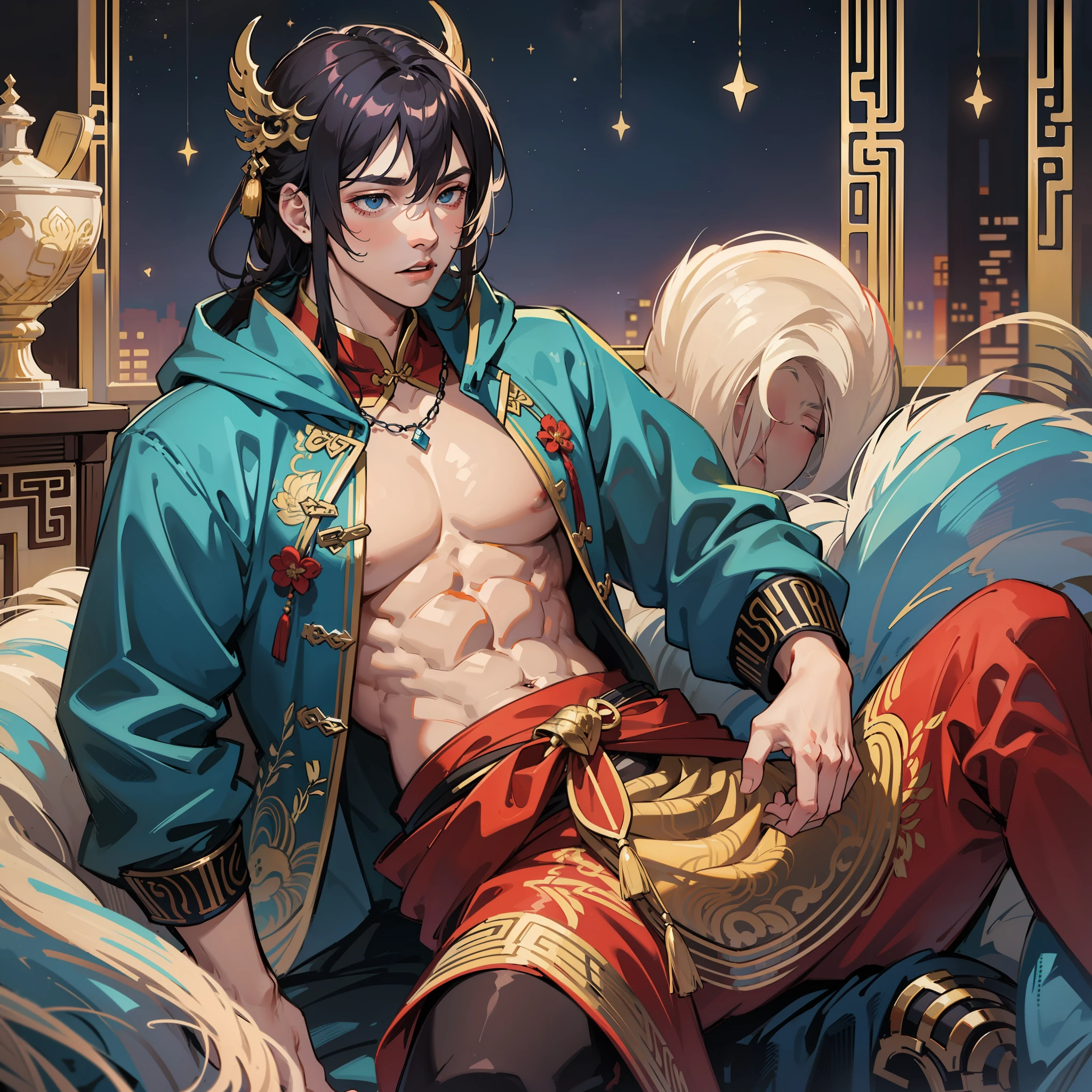 muscular boy, masculine features, wild, masculine, valiant, handsome, rugged, hoodie, traditional Chinese costume, fusion of ancient Chinese and modern, king of rappers, pectoral muscles, abs, cool atmosphere, sitting, solid posture, fashionista, stylish, colorful, individual, Cantonese, singing, dancing, sky with stars shining like dreams, quiet night book, Starry sky blooming brightly, whispering dream and confusion border, Cantonese pride, blue