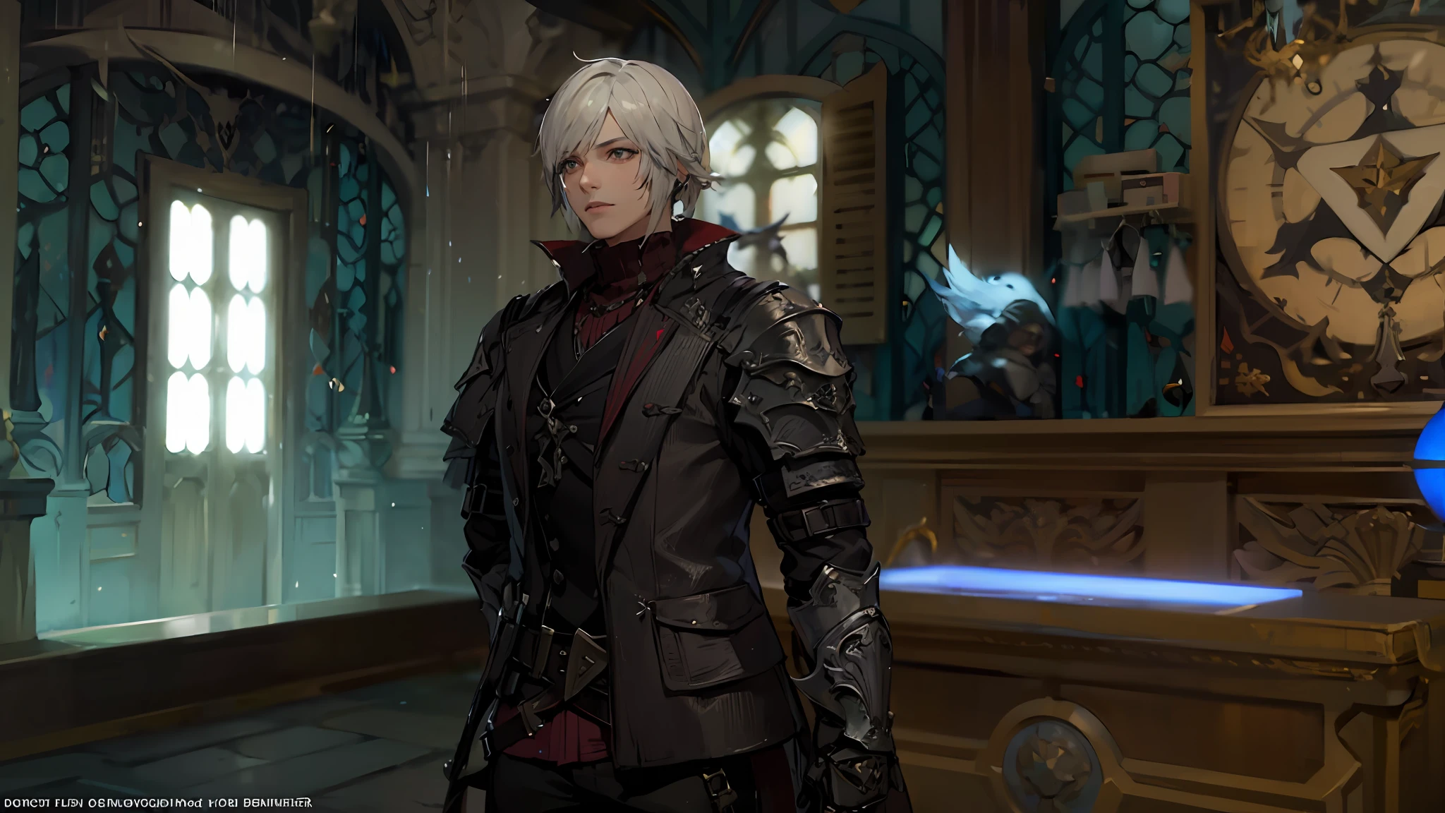 there is a man in a black jacket in a room, tranding on pxiv, final fantasy 14 style, final fantasy 1 4 screenshot, alluring mesmer woman, ffxiv, final fantasy xiv, 2 b, 2b, final fantasy 14 sharp, final fantasy 1 4, ffxiv heavensward, ornate bikini armor, hd screenshot