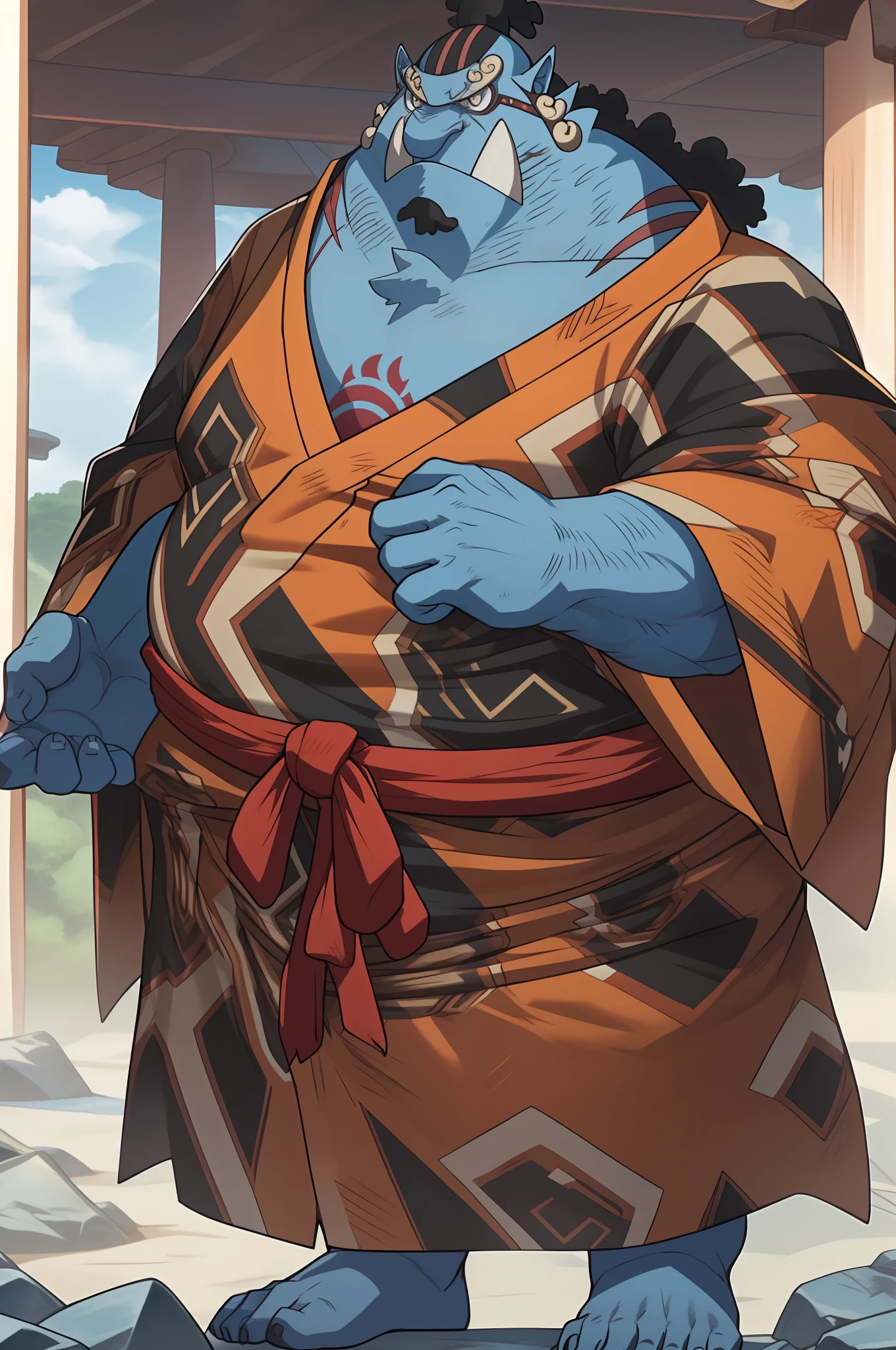 (1boy), a man with a muscular build, standing confidently in a vibrant yukata, jinbei_oyabun. big body, fat belly, He has blue skin and a unique fang, giving him an intriguing and mythical appearance. The closeup shot highlights his expressive and fierce facial features.