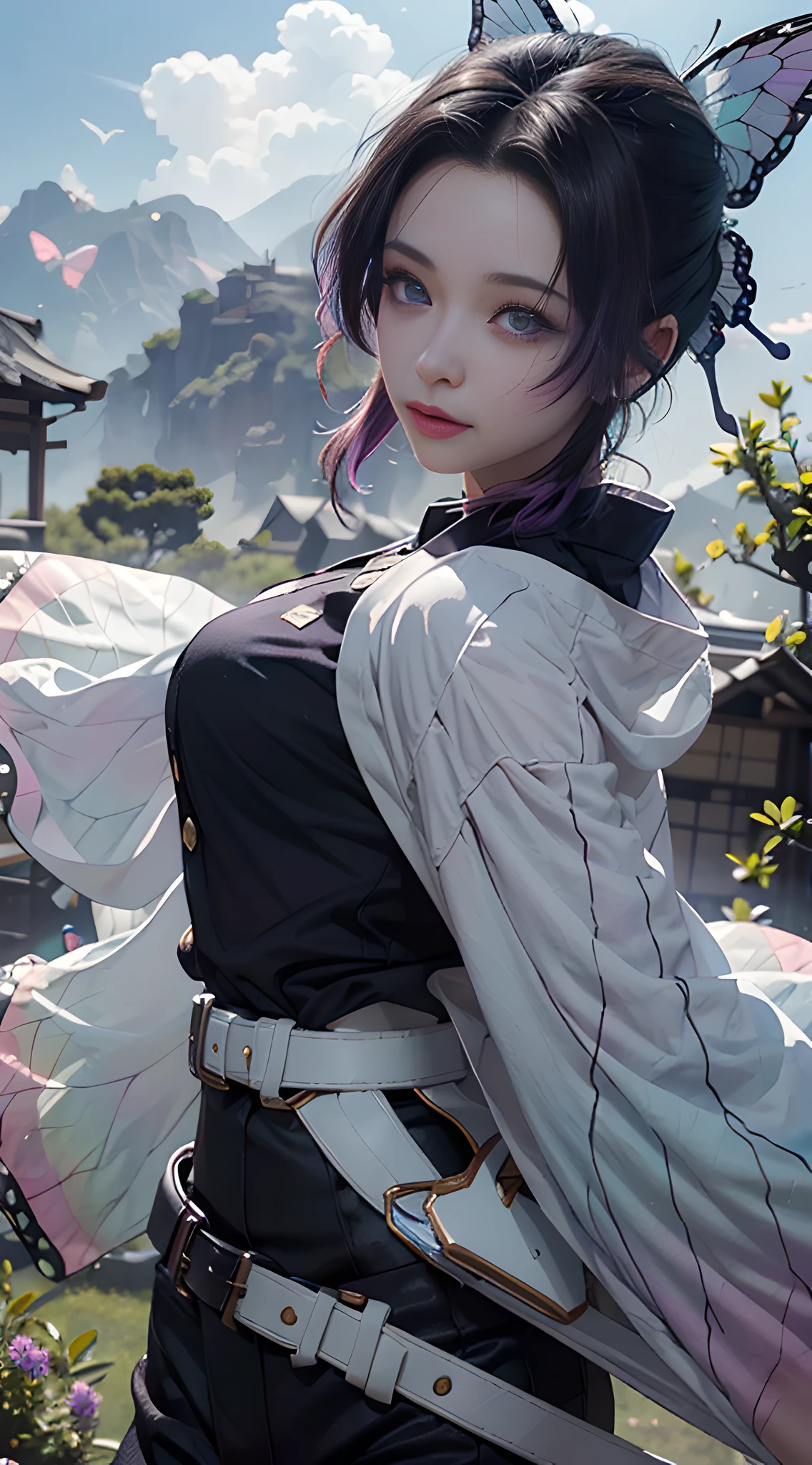 Ultra-realistic 8k CG, masterpiece, close-up, (dynamic pose: 1.3), beauty, goddess, from the front, from the front, face sticking out, (super detailed background, delicate patterns, intricate details)), high quality, highly detailed face, highly detailed eyes and face, highly detailed eyes, kocho shinobi, multicolored hair, no bangs, hair intake, purple eyes, forehead, black shirt, black pants, (haori, Butterfly: 1.3, button, belt), (garden: 1.2), purple flowers, red cliffs, cloudy sky, sunlight, tyndall effect, gradient_sky, face, gorgeous sky, waist sword,