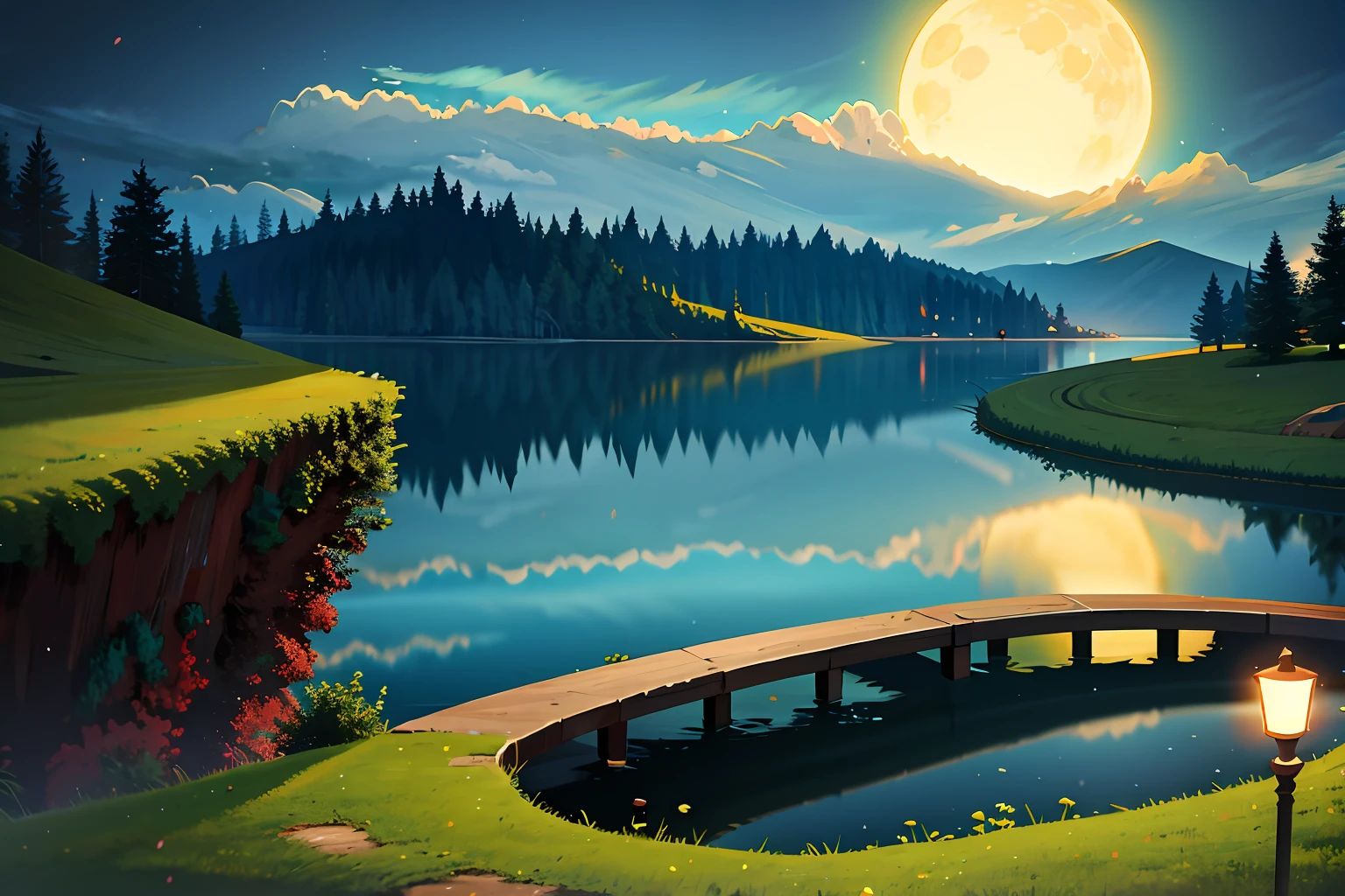 Masterpiece beautiful, volumetric lighting, (ambrosia), gust of wind, mountains stars ocean forest, (oro:1.2), floating island, will-o'-the-wisp \(mythology\), lily \(flower\), firefly, clouds moon, fragrance
