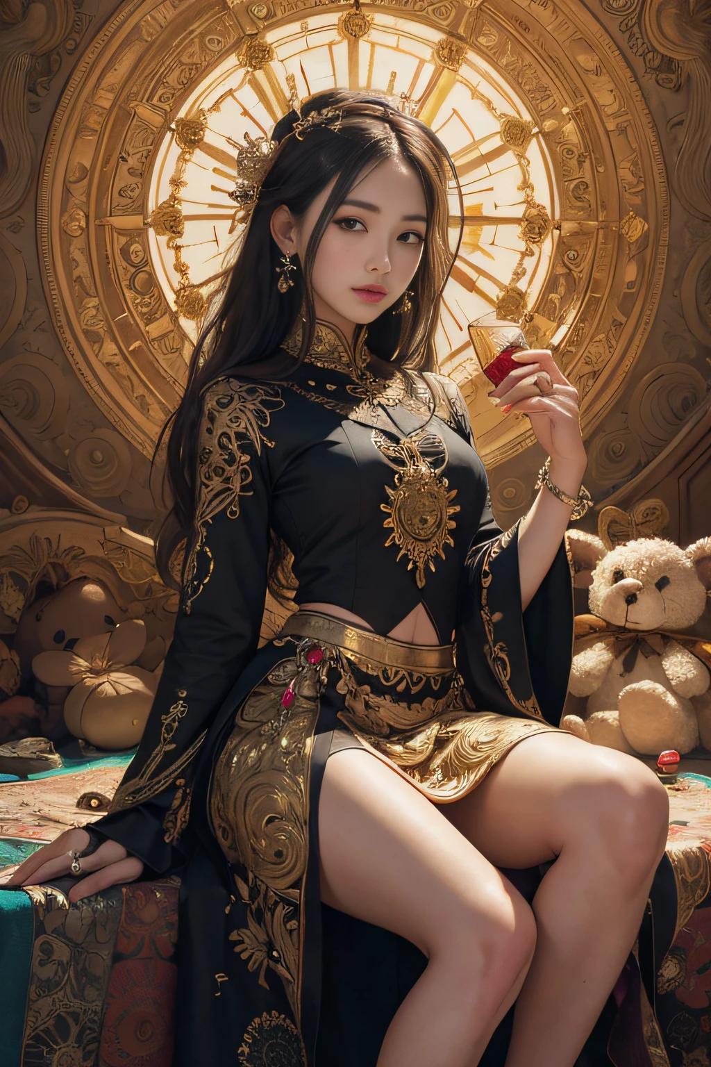 An Asian Girl (Masterpiece, Top Quality, Best Quality, Official Art, Beauty and Aesthetics: 1.2), (1girl), Extreme Detail, Colorful, Supreme Detail, Official Art, Unified 8k Wallpaper, Ultra Detailed, Beautiful and Aesthetic, Beautiful, Masterpiece, Best Quality, (Zentangle, Mandala, Tangled, Entangle), Holy Light, Gold Leaf, Gold Leaf Art, Glitter Drawing, PerfectNwsjMajic, split long skirt, legs