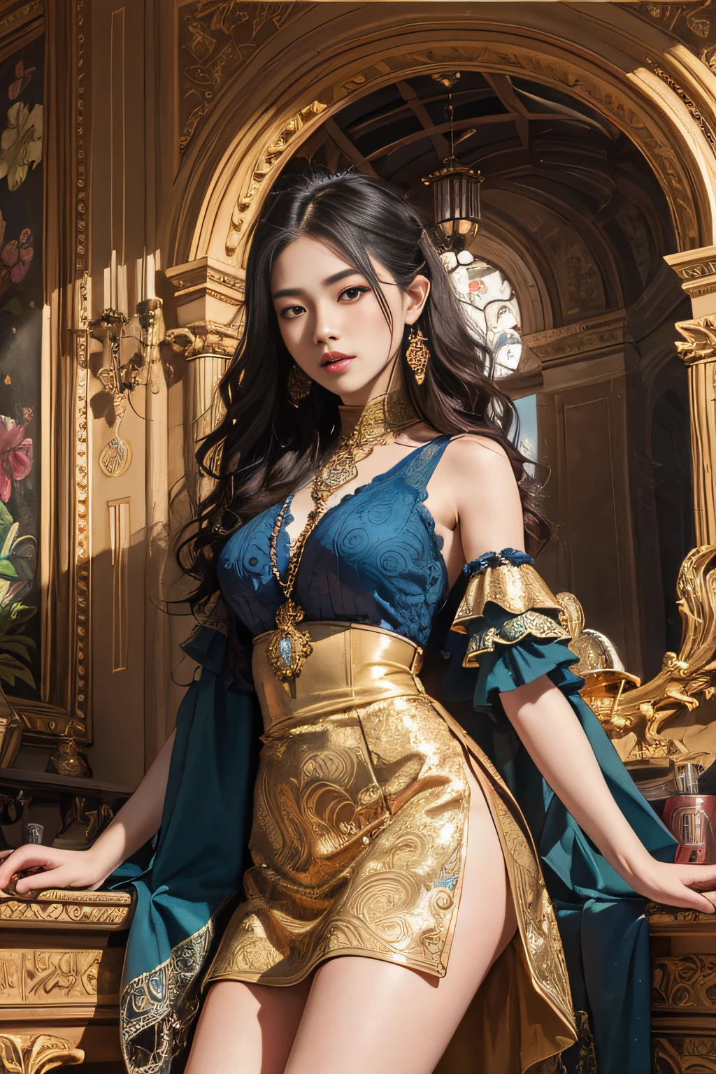 An Asian Girl (Masterpiece, Top Quality, Best Quality, Official Art, Beauty and Aesthetics: 1.2), (1girl), Extreme Detail, Colorful, Supreme Detail, Official Art, Unified 8k Wallpaper, Ultra Detailed, Beautiful and Aesthetic, Beautiful, Masterpiece, Best Quality, (Zentangle, Mandala, Tangled, Entangle), Holy Light, Gold Leaf, Gold Leaf Art, Glitter Drawing, PerfectNwsjMajic, split long skirt, legs