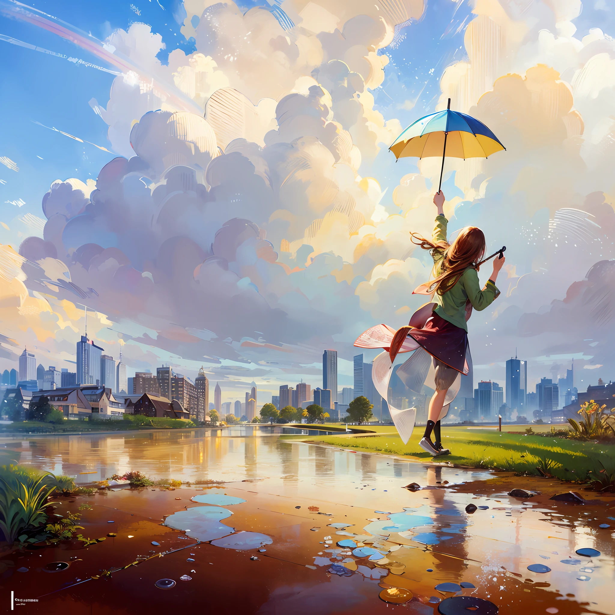 Fine brush, beautiful. Detailed drawings. High image quality,ultra detailed, detailed oil on canvas, soft and fantastic, pastel, William Turner,panoramic view：1.5、Rainbow in blue sky, woman playing in puddle of water with umbrella, background is far away between city buildings:1.5