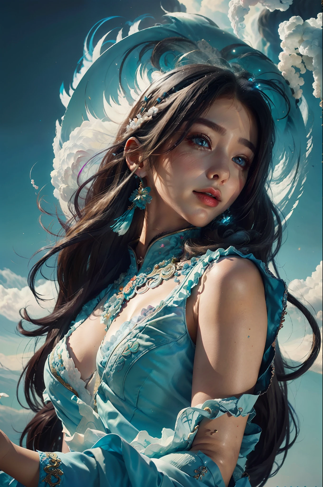zhongfenghua, 1girl, (full body) solo, hanfu, flower field, blossom, (white smokes:1.3) (photorealistic:1.4), zentangle, mandala, entangle, official art, unity 8k wallpaper, ultra detailed, beautiful and aesthetic, masterpiece,best quality, (dynamic angle:1.4), glowing skin, (floating colorful sparkles:1) the most beautiful form of chaos, elegant, a brutalist designed, vivid colours, romanticism depth of field,