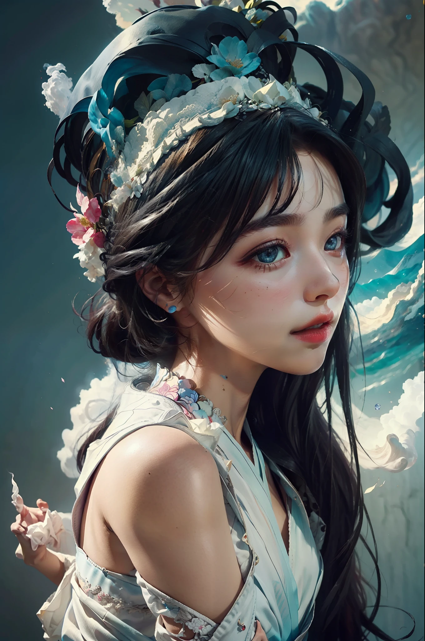 zhongfenghua, 1girl, (full body) solo, hanfu, flower field, blossom, (white smokes:1.3) (photorealistic:1.4), zentangle, mandala, entangle, official art, unity 8k wallpaper, ultra detailed, beautiful and aesthetic, masterpiece,best quality, (dynamic angle:1.4), glowing skin, (floating colorful sparkles:1) the most beautiful form of chaos, elegant, a brutalist designed, vivid colours, romanticism depth of field,
