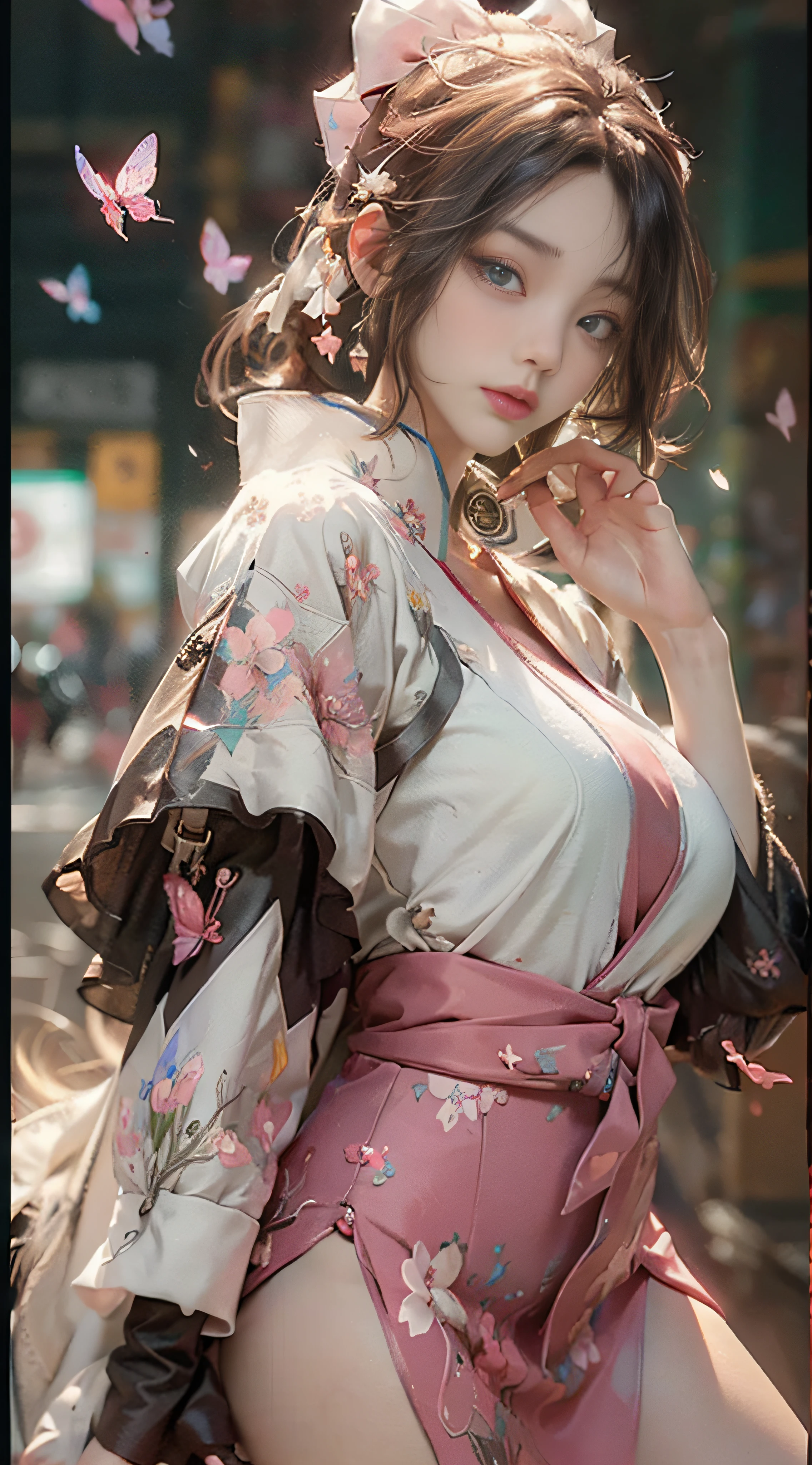 ((Best Quality)), ((Masterpiece)), (Detail: 1.4), 3D, Beautiful Cyberpunk Female Image, HDR (High Dynamic Range), Ray Tracing, NVIDIA RTX, Super Resolution, Unreal 5, Subsurface Scattering, PBR Texture, Post-Processing, Anisotropic Filtering, Depth of Field, Maximum Sharpness and Sharpness, Multi-layer Texture, Albedo and Highlight Mapping, Surface Coloring, Mitsu-Accurate Simulation of Material Interactions, Perfect Proportions, Octane Rendering, Two-color Light, Large Aperture, Low ISO, white balance, regular three-point, 8K RAW, beautiful bright pupils, flowing robe, fine pupils, delicate face and eyes, long eyelashes, blush, fluffy hair, pink lips, pure, cute, cherry blossom petals falling, butterfly