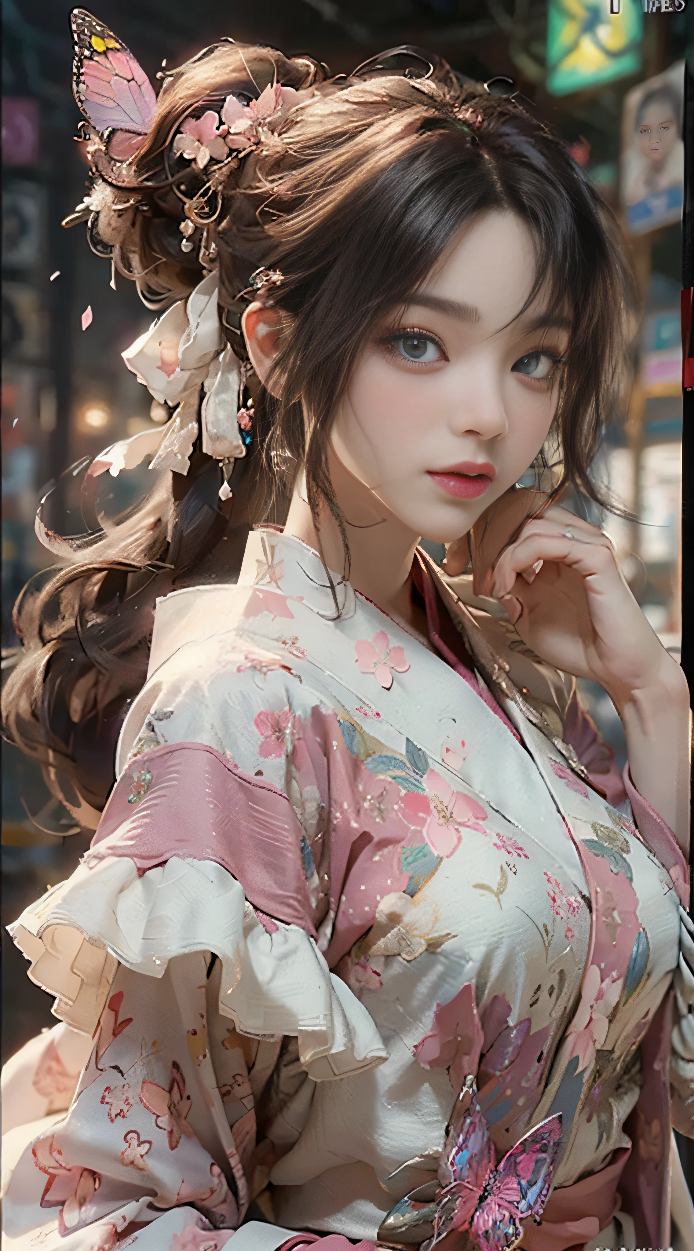((Best Quality)), ((Masterpiece)), (Detail: 1.4), 3D, Beautiful Cyberpunk Female Image, HDR (High Dynamic Range), Ray Tracing, NVIDIA RTX, Super Resolution, Unreal 5, Subsurface Scattering, PBR Texture, Post-Processing, Anisotropic Filtering, Depth of Field, Maximum Sharpness and Sharpness, Multi-layer Texture, Albedo and Highlight Mapping, Surface Coloring, Mitsu-Accurate Simulation of Material Interactions, Perfect Proportions, Octane Rendering, Two-color Light, Large Aperture, Low ISO, white balance, regular three-point, 8K RAW, beautiful bright pupils, flowing robe, fine pupils, delicate face and eyes, long eyelashes, blush, fluffy hair, pink lips, pure, cute, cherry blossom petals falling, butterfly