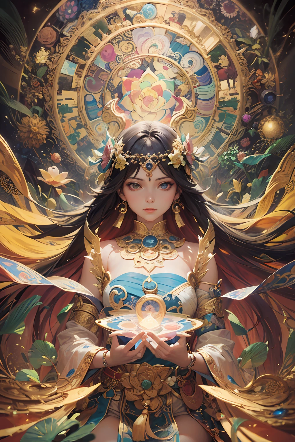 (Masterpiece, Top Quality, Best Quality, Official Art, Beauty and Aesthetics: 1.2), (1 Girl: 1.3), (Fractal Art: 1.3), High Resolution, Petite, Extremely Detailed, Detailed Background, Abstract Background, Colorful Background, Film Lighting, Illustration, Solo, Active Pose, Kaleido, (Kaleidoscope), (Thangka Feitian: 1), Divinity, Light, Hair Ornaments, Seated, Lotus, Geometry, Rich Colors, Lots of Detail