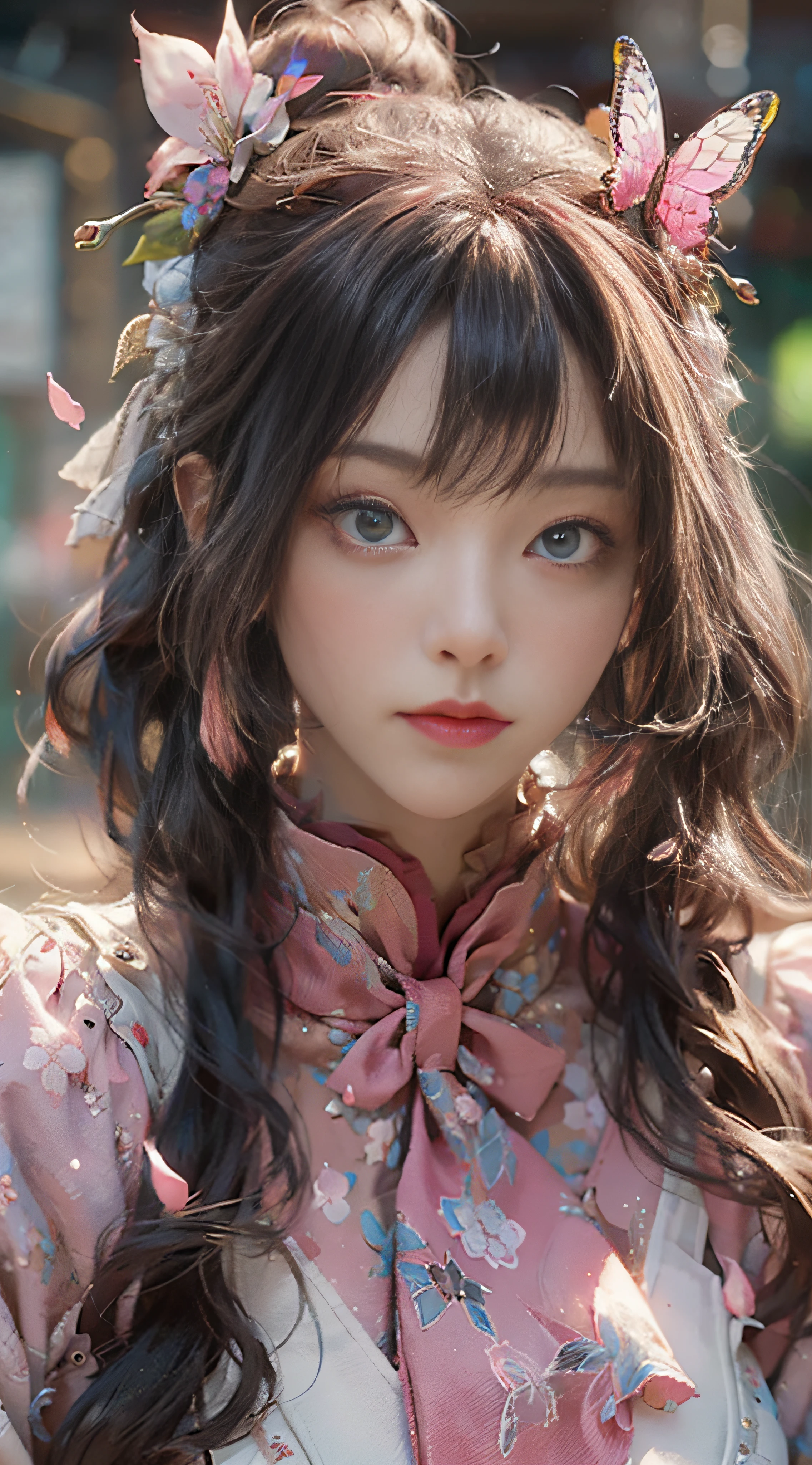 ((Best Quality)), ((Masterpiece)), (Detail: 1.4), 3D, Beautiful Cyberpunk Female Image, HDR (High Dynamic Range), Ray Tracing, NVIDIA RTX, Super Resolution, Unreal 5, Subsurface Scattering, PBR Texture, Post-Processing, Anisotropic Filtering, Depth of Field, Maximum Sharpness and Sharpness, Multi-layer Texture, Albedo and Highlight Mapping, Surface Coloring, Mitsu-Accurate Simulation of Material Interactions, Perfect Proportions, Octane Rendering, Two-color Light, Large Aperture, Low ISO, white balance, regular three-point, 8K RAW, beautiful bright pupils, flowing robe, fine pupils, delicate face and eyes, long eyelashes, blush, fluffy hair, pink lips, pure, cute, cherry blossom petals falling, butterfly