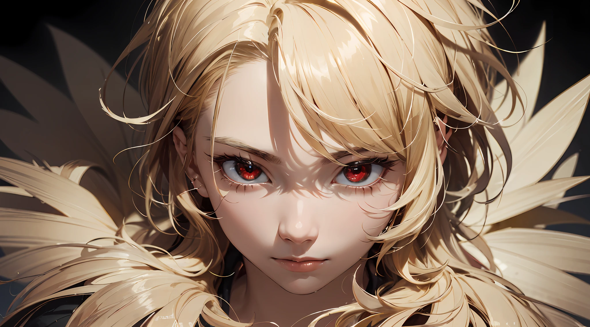 ((masterpiece, top quality, super definition, high definition)), one boy,golden spiky blonds hair , shining eyes, perfect red eyes, 19 years old, black white gold theme,