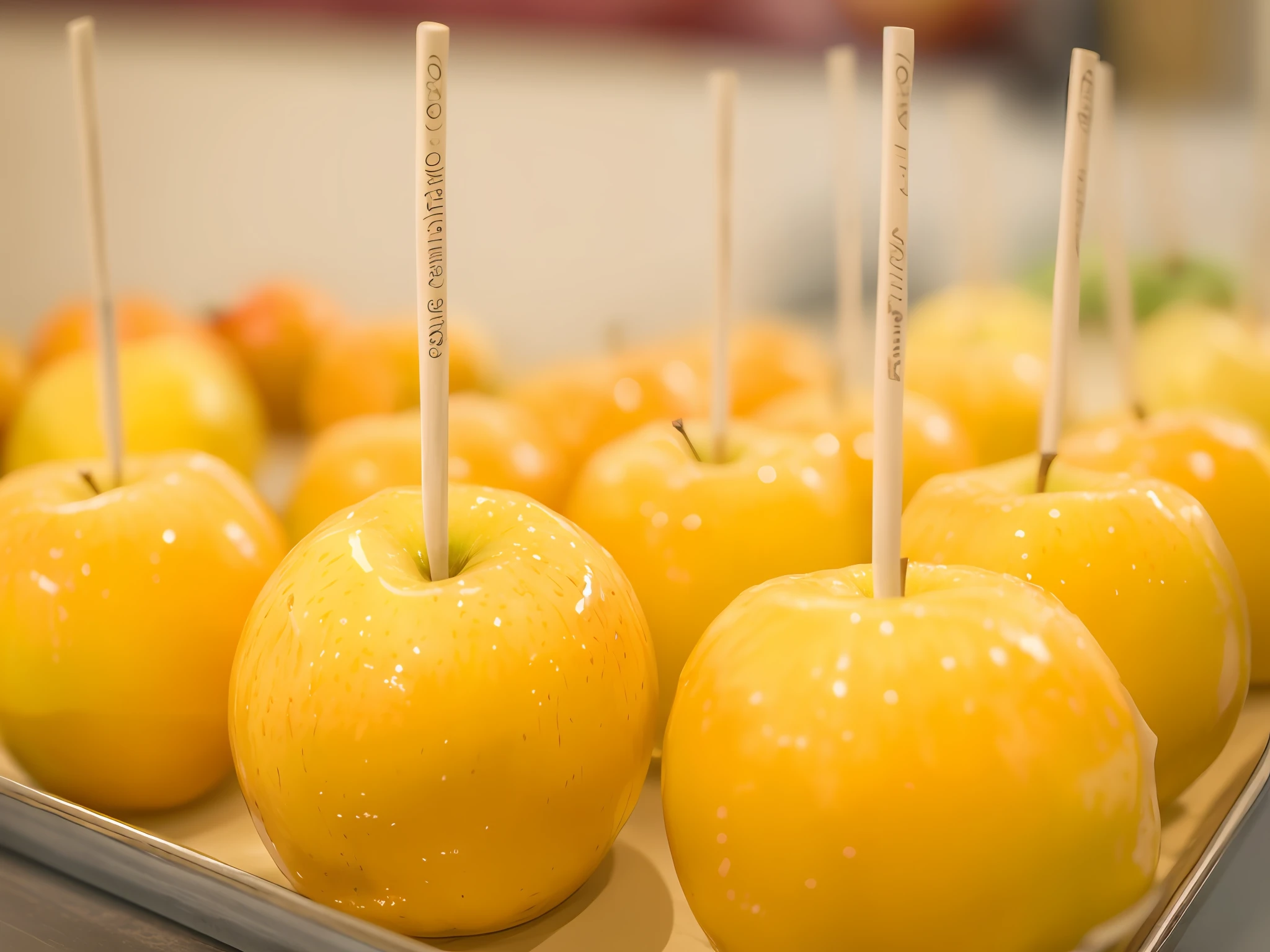 Apples lined up on tray with toothpicks, yellow apples, candy apples, delicious, apples, glazed, apples, professional, golden apples, transparent texture, glowing appearance, made of glaze, professional fruit photography, shiny crispy finish, crisp details, crispy and sharp, 3 4 5 3 1, 🐿🍸🍋 apple orange