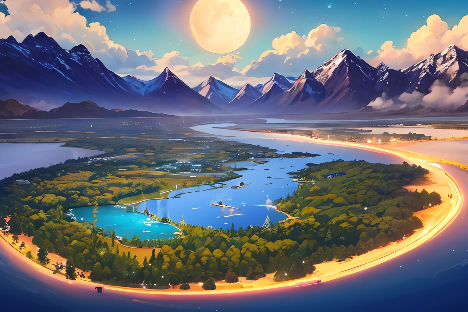 Masterpiece beautiful, volumetric lighting, (ambrosia), gust of wind, mountains stars ocean forest, (oro:1.2), floating island, will-o'-the-wisp \(mythology\), lily \(flower\), firefly, clouds moon, fragrance