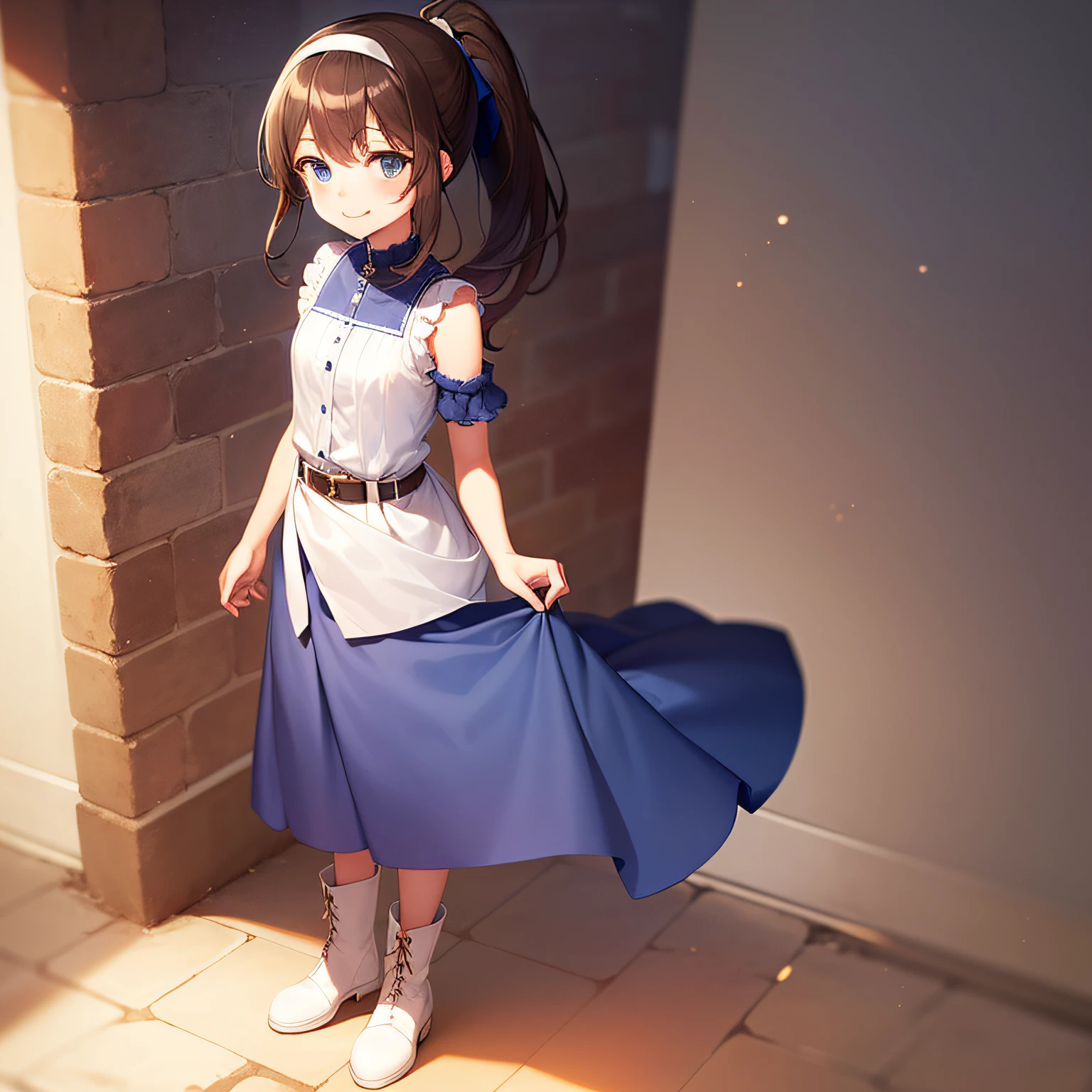 top quality, very delicate and beautiful, girl, 11 years old, alone, (dark brown hair), blue clothes with vertical buttons, belt at the waist, white skirt, (ponytail)), (white hair band), (brown boots), blue eyes, standing, smile,