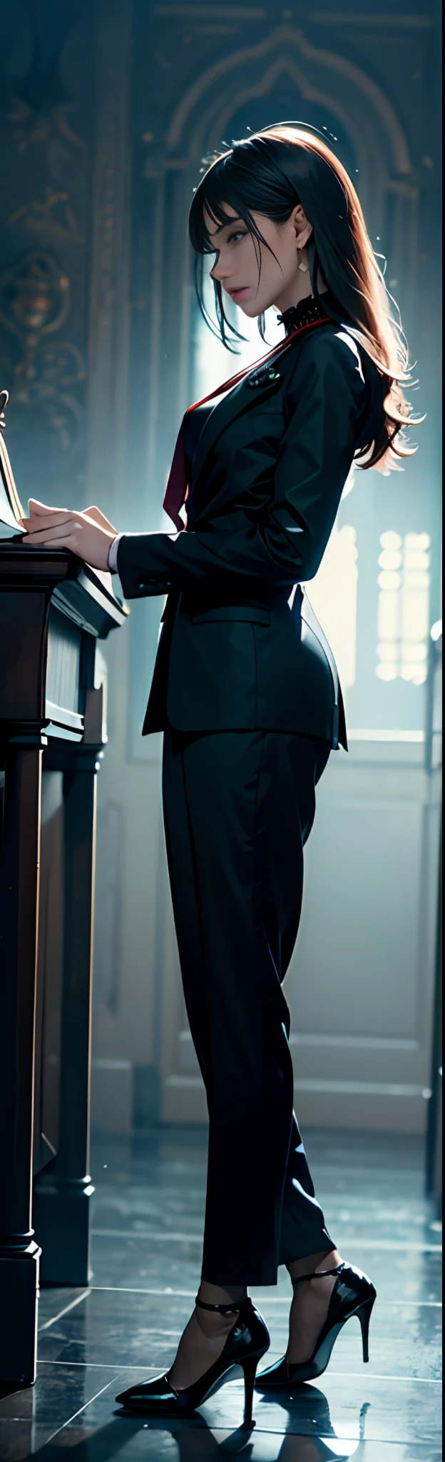 (Fidelity: 1.5), Official Art, Unity 8k Wallpaper, Ultra Detailed, Beautiful, Beautiful, Masterpiece, Best Quality,
dark, atmospheric, mystical, romantic, creepy, literature, art, fashion, victorian, decoration, intricate, ironwork, melancholy, cold, depth of field, low angle, lace collar, black shirt, red tie, suit trousers, high heels, musings, emotional depth, anatomically correct, supernatural,
1 Girl, Solo, Neck, Legs, Fantasy, Blues, Ray Tracing,