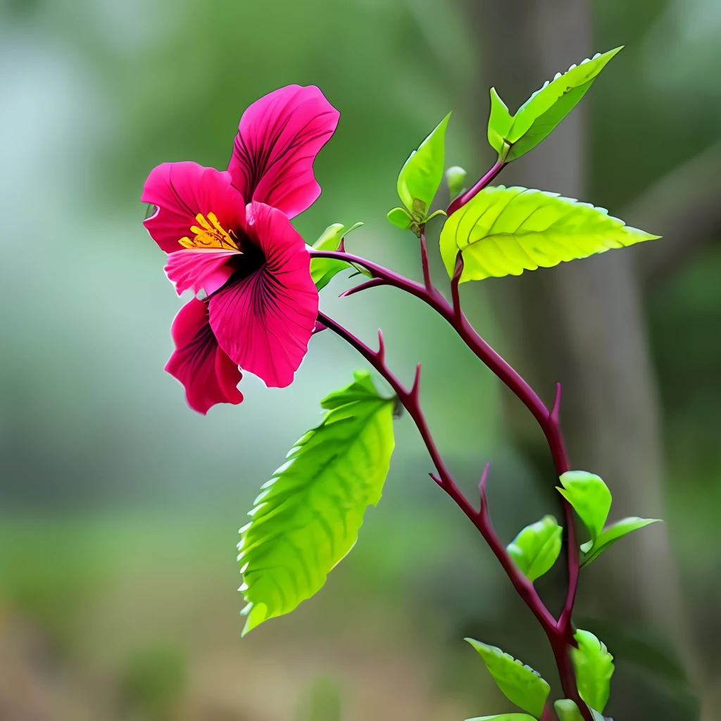 A hibiscus grew on a distorted branch with a mist with a blurred background