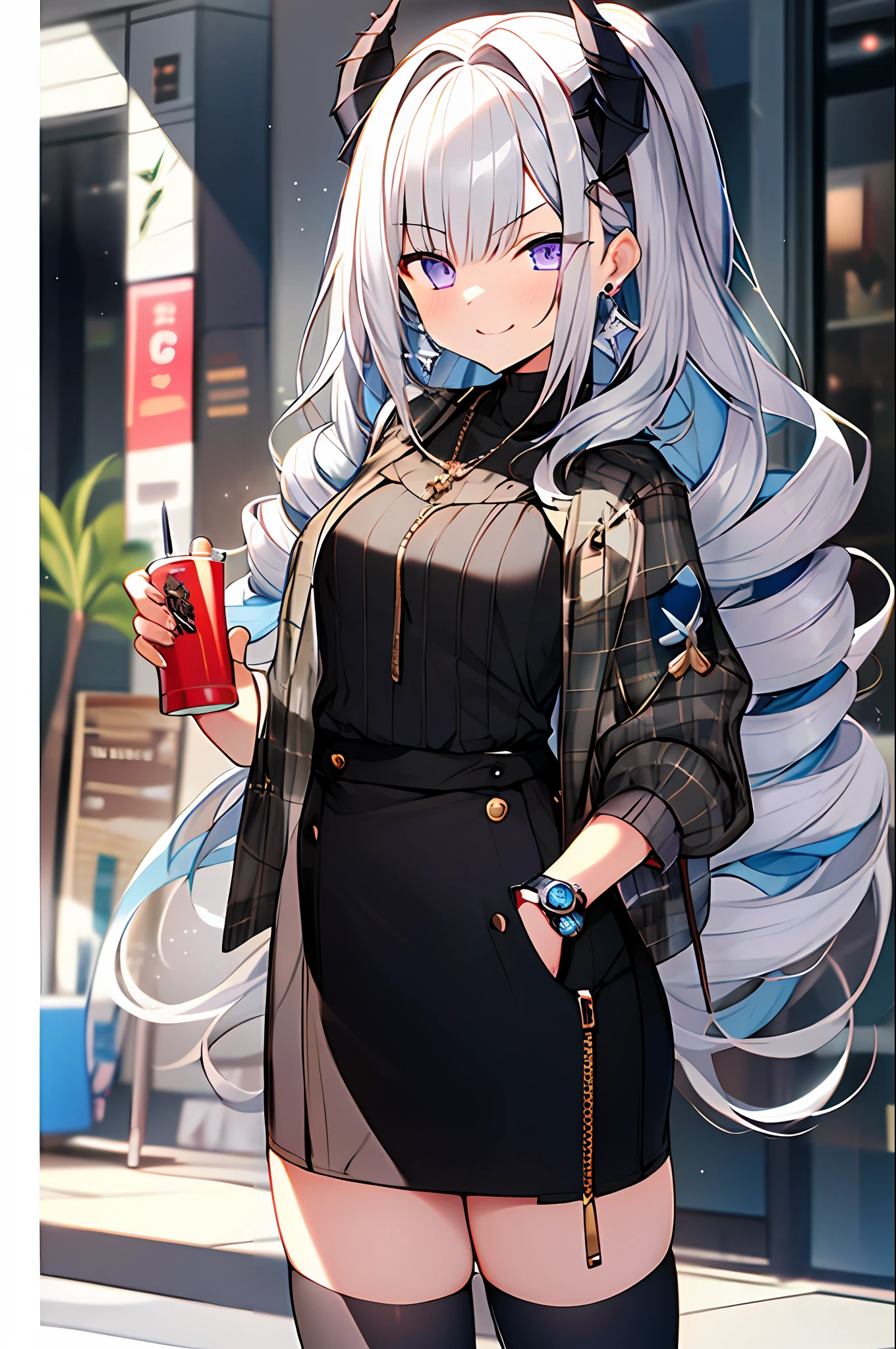 {{Eroge,Game CG,High Definition Game CG},{{{1 girl}}},{{Masterpiece}}}, {{Best Quality}}}}, {{Detailed Details}},{{Illustration}},{{Magical Girl}},Brooch,,,Loli,Petite, {{Disheveled Hair}},Big Hair, Gradient Hair,Hololive,Small,,, Blonde Hair,Drill Hair,{Pocket Watch},Ridiculously Long Hair, Dreadlocks, purple hair, silver hair,gold and silver hair,gradient hair, self-righteous,evil smile, V-shaped_eyebrows, zettai_ryouiki,,,, clock tower,,,, devil girl, slit pupil, slit, zipper, street snap, standing, retro fashion style girl, tower, devil girl, slit pupil, slit zipper, street snap, retro fashion style. She must have elements inspired by the 70s, such as floral prints and wide-leg pants. Incorporate vibrant colors and bold patterns into her outfits. Add accessories like fringed earrings or statement necklaces to complete the look. The background can be a neutral setting or a retro-inspired background. The overall style should have a nostalgic feel with a modern twist. wristwatch