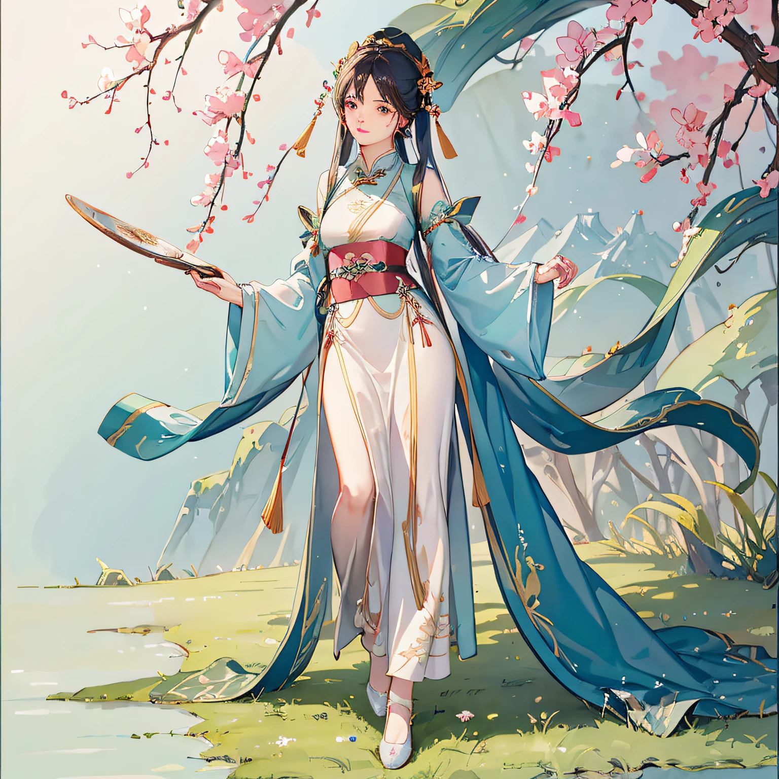 Green skirt woman standing on the grass, Hanfu, court, Hanfu girl, white Hanfu, Chinese clothing, Chinese traditional clothing, wearing ancient Chinese clothing, wearing ancient Chinese clothing, fantasy style clothing, 8k)), Zhongyuan Festival, full body fairy, Chinese dress --auto