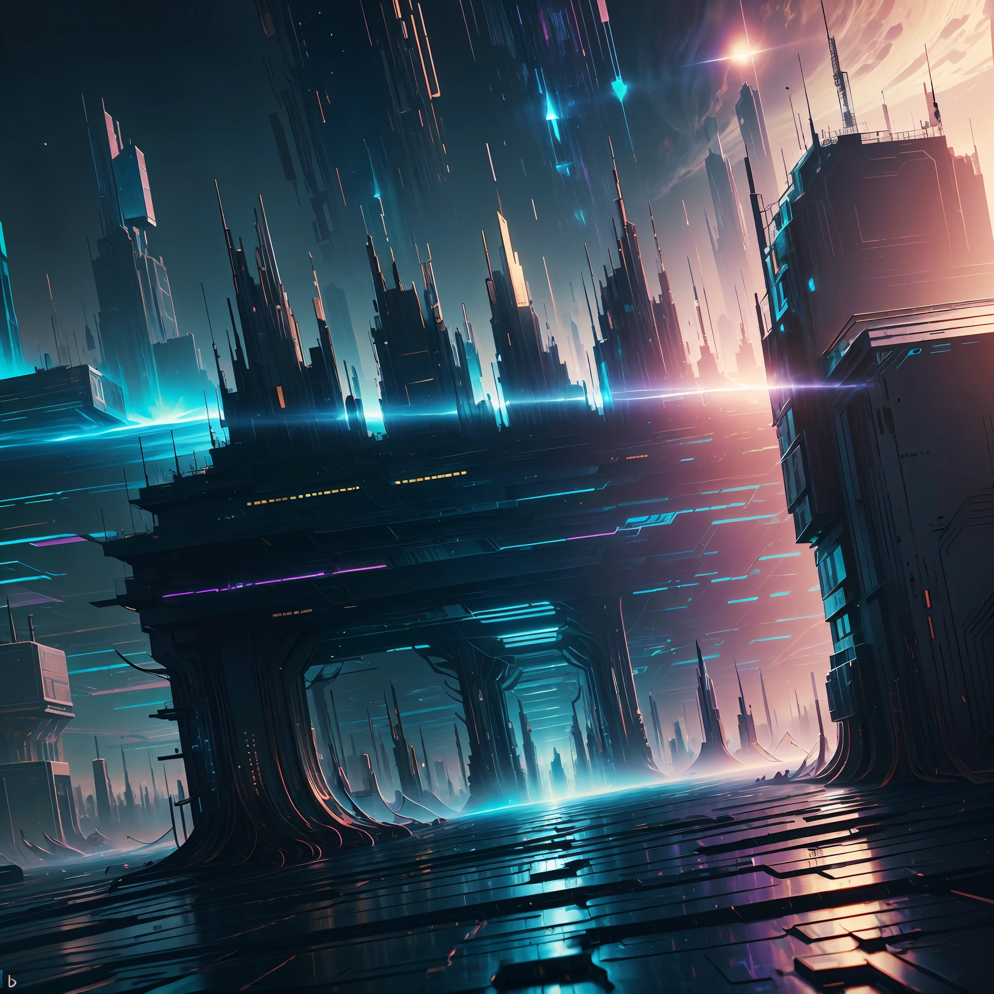 art, Northern Renaissance style, cyberpunk, big city, background galaxy give off rainbow and gold neon light many lines radially, brilliant planet, illustration, fantasy, portrait, animification, high resolution, best quality, very high image quality, ultra detailed, hyper realistic, photorealistic --auto