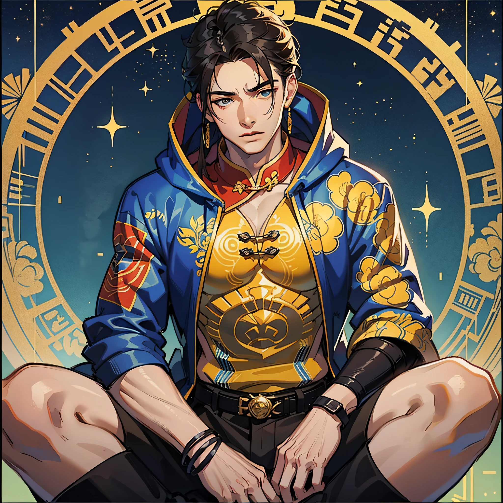 muscular boy, masculine features, wild, masculine, valiant, handsome, rugged, hoodie, traditional Chinese costume, fusion of ancient Chinese and modern, king of rappers, pectoral muscles, abs, cool atmosphere, sitting, solid posture, fashionista, stylish, colorful, individual, Cantonese, singing, dancing, sky with stars shining like dreams, quiet night book, Starry sky blooming brightly, whispering dream and confusion border, Cantonese pride, yellow and blue