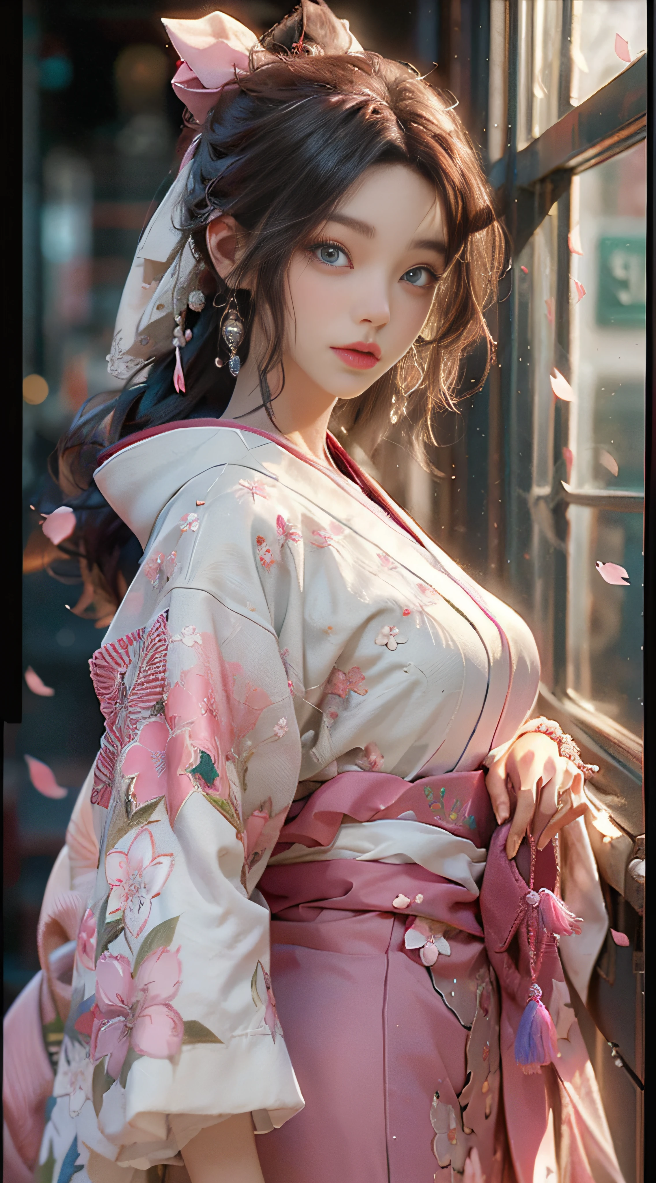((Best Quality)), ((Masterpiece)), (Detail: 1.4), 3D, Beautiful Cyberpunk Female Image, HDR (High Dynamic Range), Ray Tracing, NVIDIA RTX, Super Resolution, Unreal 5, Subsurface Scattering, PBR Texture, Post-Processing, Anisotropic Filtering, Depth of Field, Maximum Sharpness and Sharpness, Multi-layer Texture, Albedo and Highlight Mapping, Surface Coloring, Mitsu-Accurate Simulation of Material Interactions, Perfect Proportions, Octane Rendering, Two-color Light, Large Aperture, Low ISO, white balance, regular three-point, 8K RAW, beautiful bright pupils, flowing robe, fine pupils, delicate face and eyes, long eyelashes, blush, fluffy hair, pink lips, pure, cute, cherry blossom petals falling, butterflies, light and gauzy pink kimono