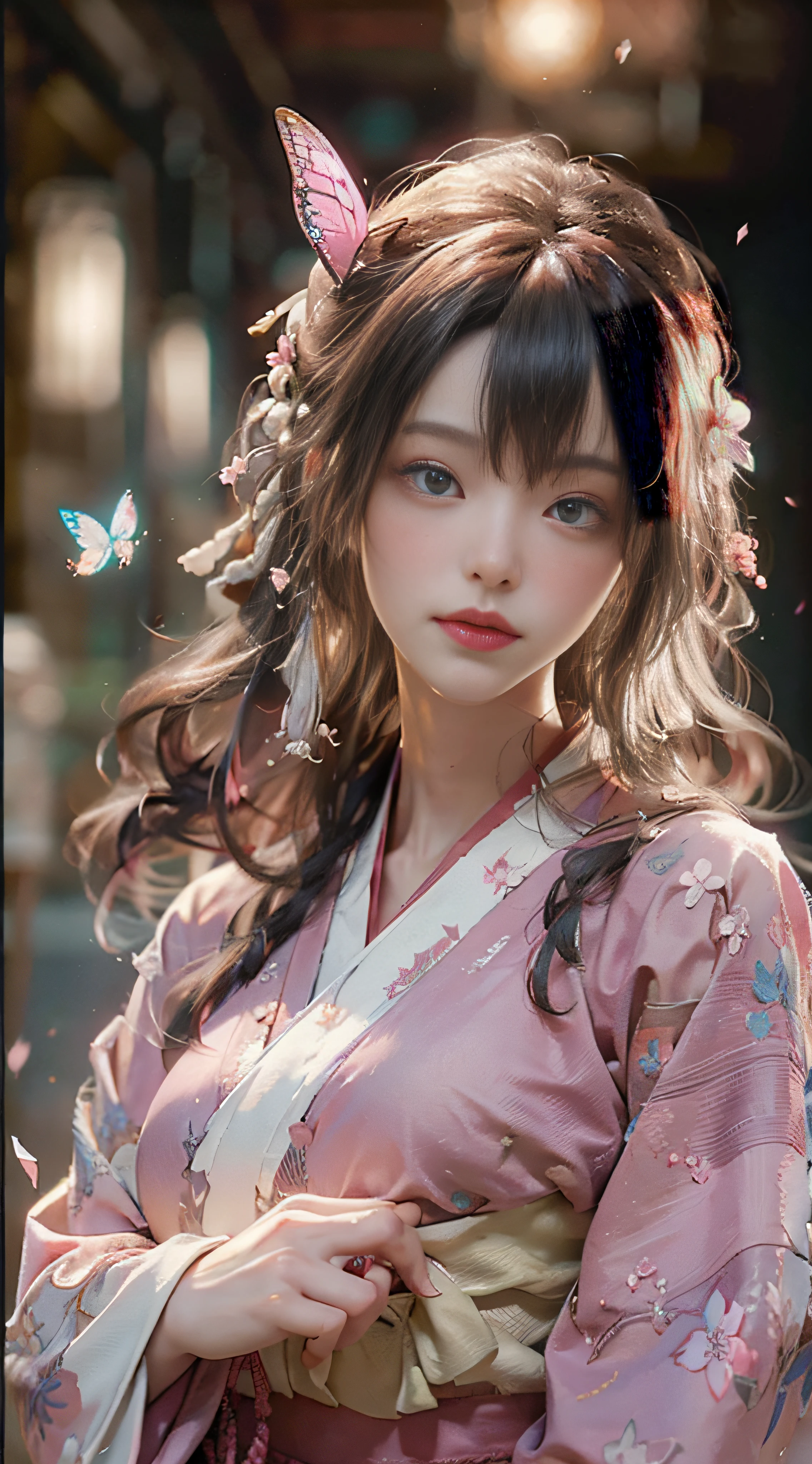 ((Best Quality)), ((Masterpiece)), (Detail: 1.4), 3D, Beautiful Cyberpunk Female Image, HDR (High Dynamic Range), Ray Tracing, NVIDIA RTX, Super Resolution, Unreal 5, Subsurface Scattering, PBR Texture, Post-Processing, Anisotropic Filtering, Depth of Field, Maximum Sharpness and Sharpness, Multi-layer Texture, Albedo and Highlight Mapping, Surface Coloring, Mitsu-Accurate Simulation of Material Interactions, Perfect Proportions, Octane Rendering, Two-color Light, Large Aperture, Low ISO, white balance, regular three-point, 8K RAW, beautiful bright pupils, flowing robe, fine pupils, delicate face and eyes, long eyelashes, blush, fluffy hair, pink lips, pure, cute, cherry blossom petals falling, butterflies, light and gauzy pink kimono