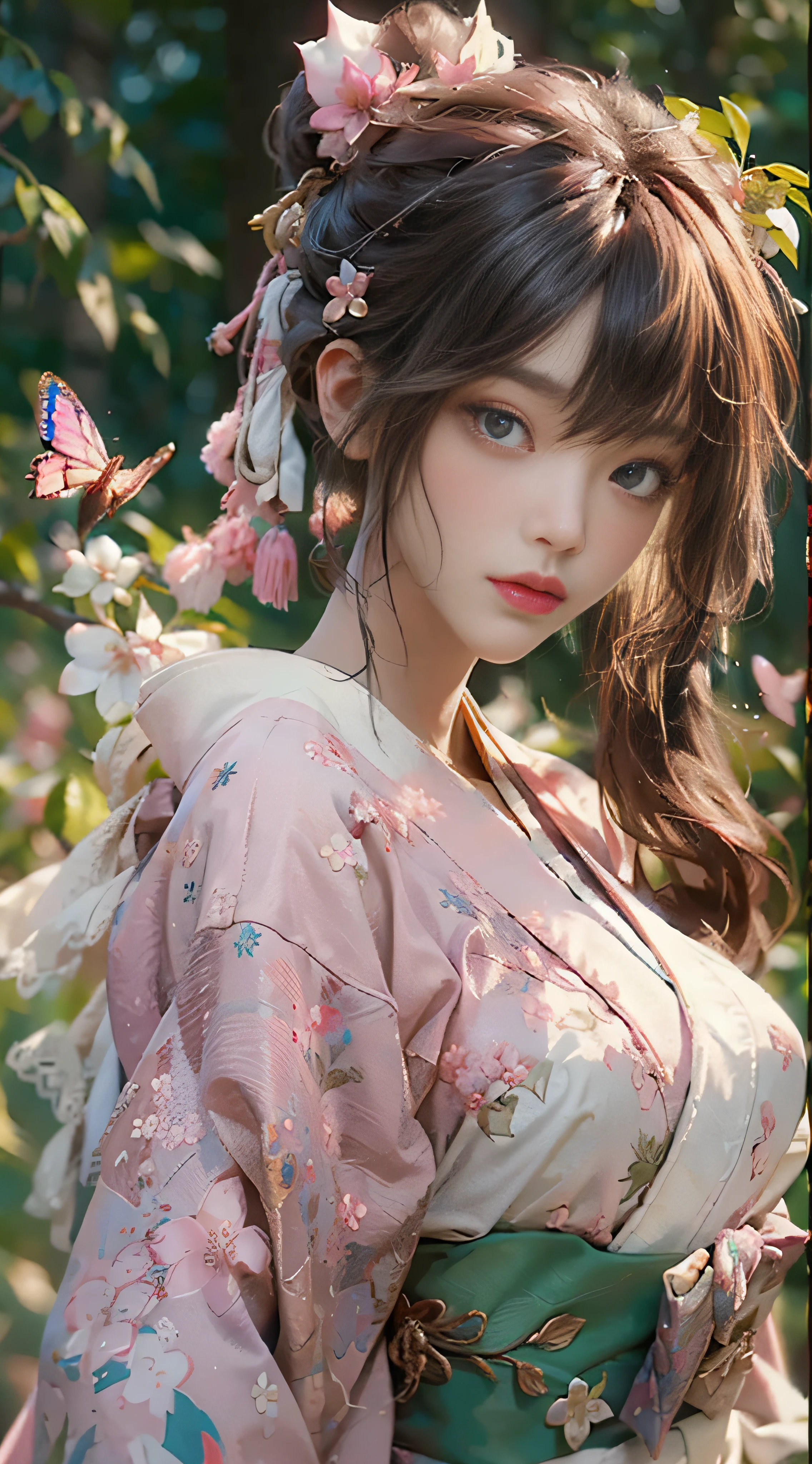 ((Best Quality)), ((Masterpiece)), (Detail: 1.4), 3D, Beautiful Cyberpunk Female Image, HDR (High Dynamic Range), Ray Tracing, NVIDIA RTX, Super Resolution, Unreal 5, Subsurface Scattering, PBR Texture, Post-Processing, Anisotropic Filtering, Depth of Field, Maximum Sharpness and Sharpness, Multi-layer Texture, Albedo and Highlight Mapping, Surface Coloring, Mitsu-Accurate Simulation of Material Interactions, Perfect Proportions, Octane Rendering, Two-color Light, Large Aperture, Low ISO, white balance, regular three-point, 8K RAW, beautiful bright pupils, flowing robe, fine pupils, delicate face and eyes, long eyelashes, blush, fluffy hair, pink lips, pure, cute, cherry blossom petals falling, butterflies, light and gauzy pink kimono