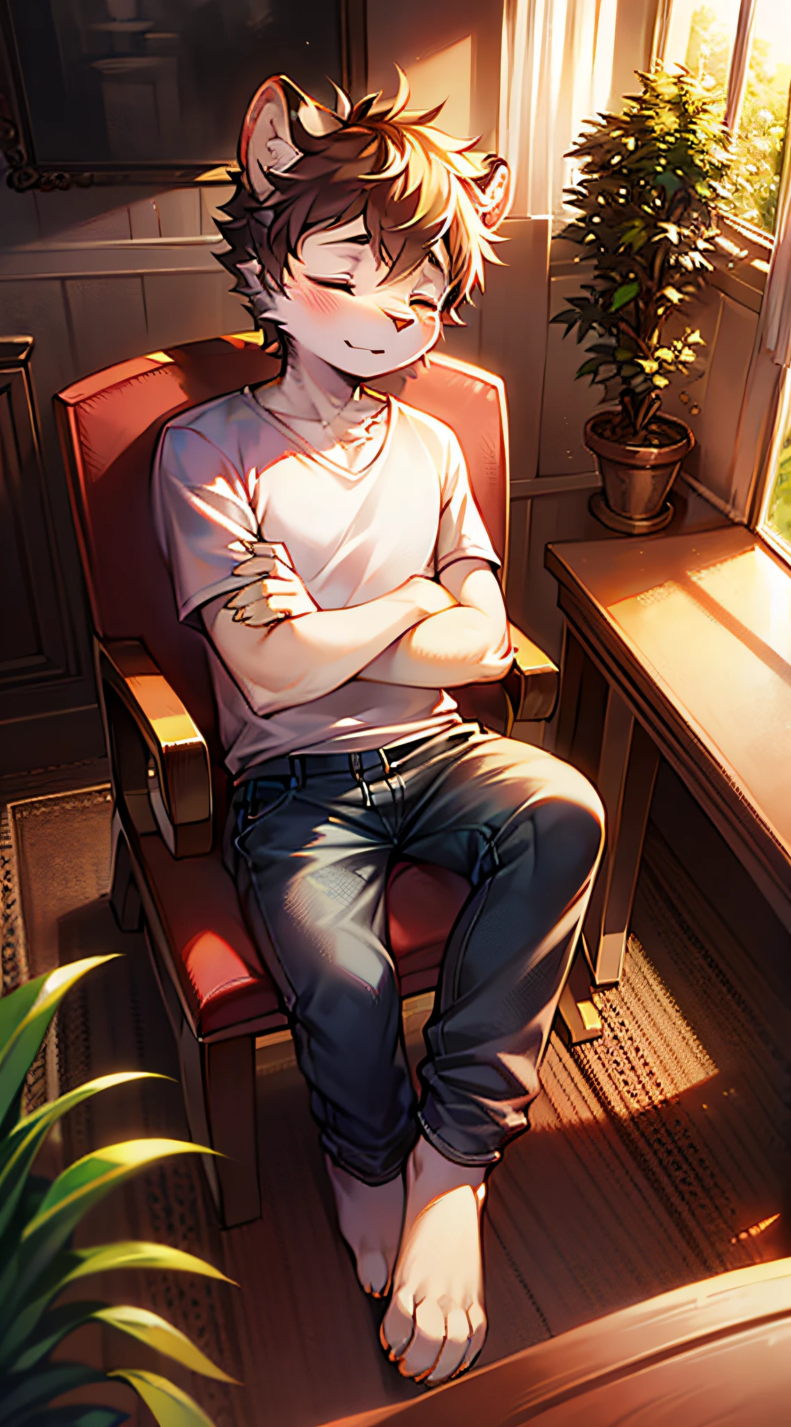 Masterpiece, high quality portrait, 3D realistic CG, dramatic lighting, intricate details, sharp focus, humanoid focus, panorama, full lens, 16k, humanoid, skinny, cat size, furry, cub, solo boy 1.4, white tiger boy, full body white tiger stripes, short hair, white and lemon top, pants, curled up, balcony, rocking chair, potted plant, shade, fine light spot, side head, closed eyes, deep sleep