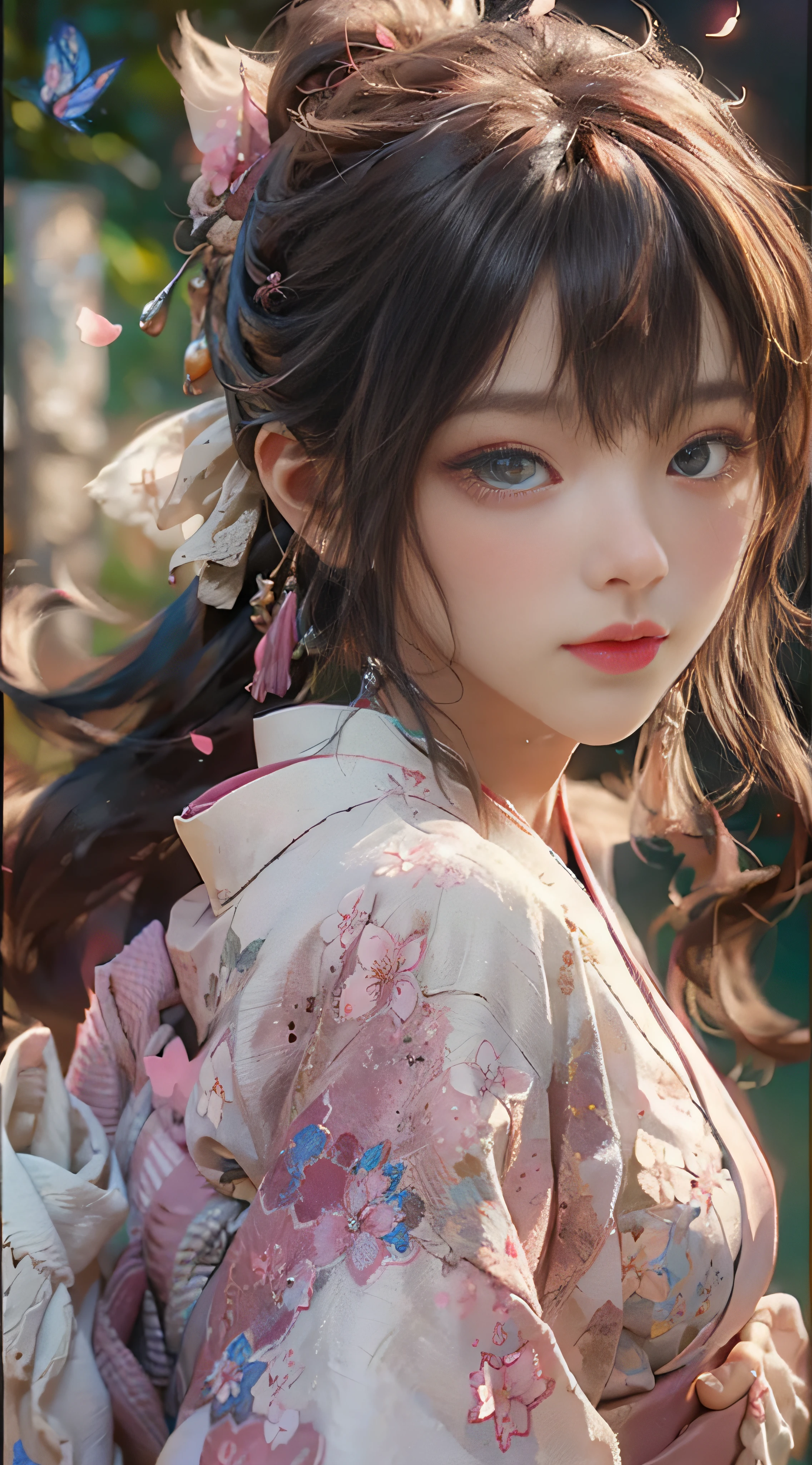 ((Best Quality)), ((Masterpiece)), (Detail: 1.4), 3D, Beautiful Cyberpunk Female Image, HDR (High Dynamic Range), Ray Tracing, NVIDIA RTX, Super Resolution, Unreal 5, Subsurface Scattering, PBR Texture, Post-Processing, Anisotropic Filtering, Depth of Field, Maximum Sharpness and Sharpness, Multi-layer Texture, Albedo and Highlight Mapping, Surface Coloring, Mitsu-Accurate Simulation of Material Interactions, Perfect Proportions, Octane Rendering, Two-color Light, Large Aperture, Low ISO, white balance, regular three-point, 8K RAW, beautiful bright pupils, flowing robe, fine pupils, delicate face and eyes, long eyelashes, blush, fluffy hair, pink lips, pure, cute, cherry blossom petals falling, butterflies, light and gauzy pink kimono
