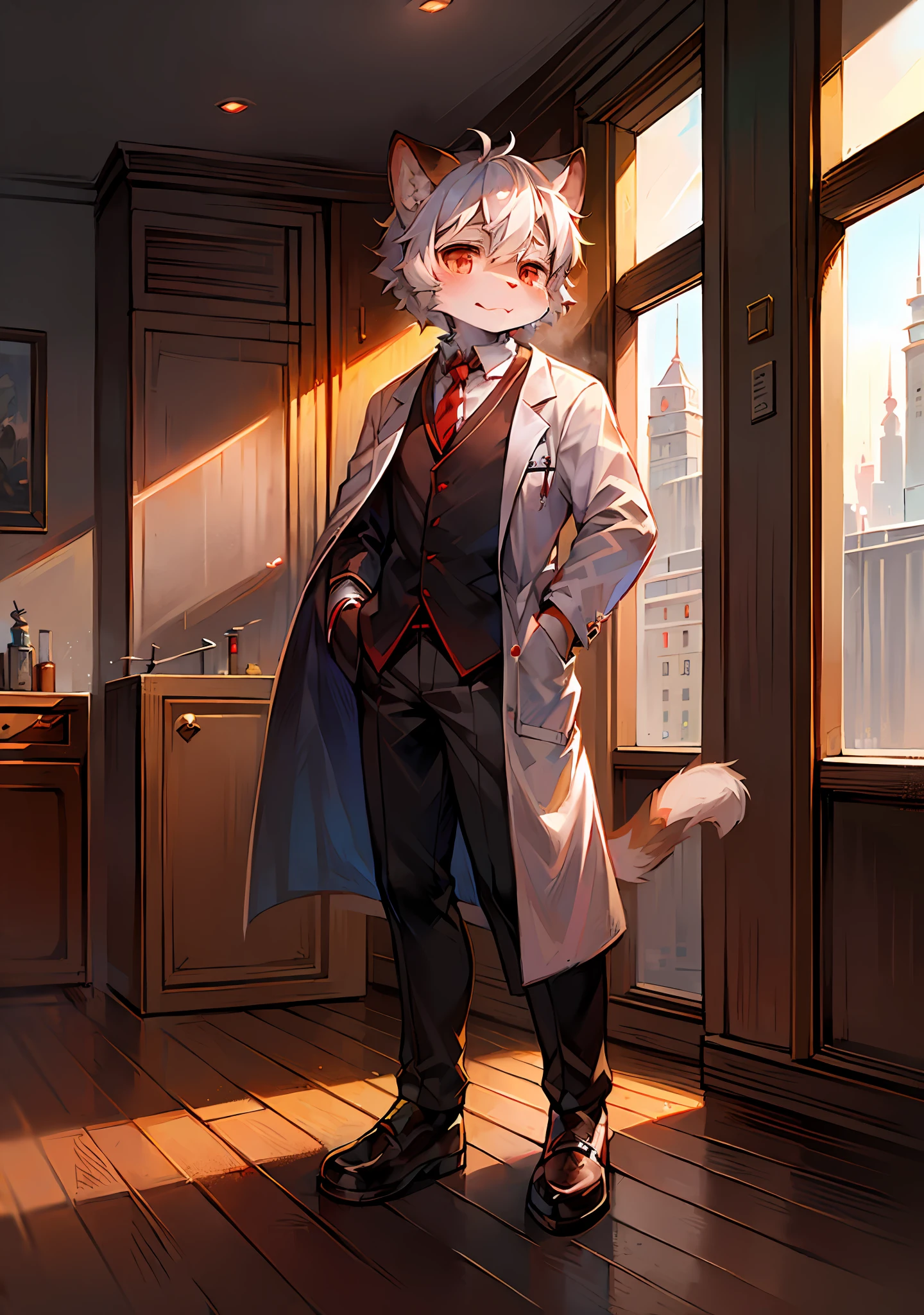 (Bright Environment: 0.8), Masterpiece, High Quality, Abstract Res, Digital Painting\(Artwork\), by Dagasi, Yupa, Kiyosan, (Anthro, Fluffy Fur, Character Focus: 1.1), Anthro Male Cat, Short Hair, Portrait , bright eyes, panorama, character focus. (Detailed background: 0.7), Solo, Furry, Hairy male, Male focus, Anthr, (full body fur, fluffy tail, white fur, red eyes, white hair: 1.2), (long feline, doctor, coat: 1.4), (interior, daytime, institute, syringe: 1.1)