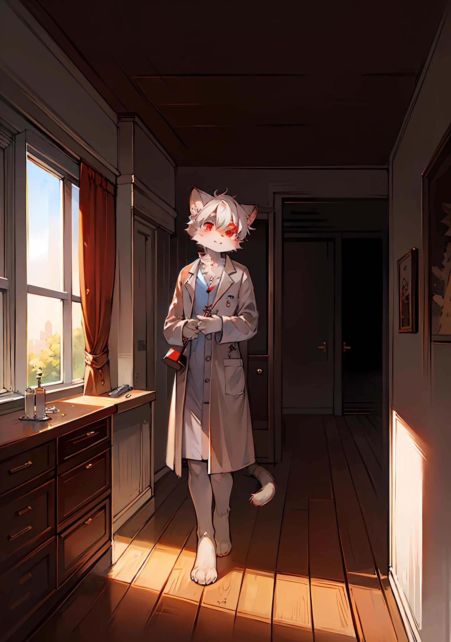 (Bright Environment: 0.8), Masterpiece, High Quality, Abstract Res, Digital Painting\(Artwork\), by Dagasi, Yupa, Kiyosan, (Anthro, Fluffy Fur, Character Focus: 1.1), Anthro Male Cat, Short Hair, Portrait , bright eyes, panorama, character focus. (Detailed background: 0.7), Solo, Furry, Hairy male, Male focus, Anthr, (full body fur, fluffy tail, white fur, red eyes, white hair: 1.2), (long feline, doctor, coat: 1.4), (interior, daytime, institute, syringe: 1.1)