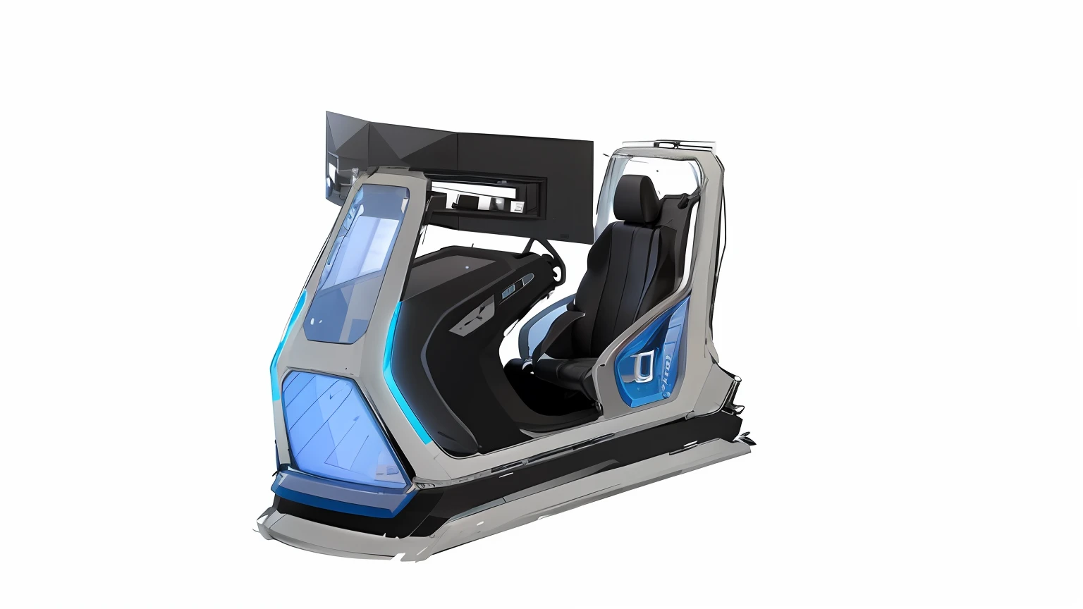 An intelligent cockpit, simple technology, with a futuristic feeling, sense of technology, hollowing, combined with acrylic material, single seat, three screens, product design, industrial design, in line with ergonomics